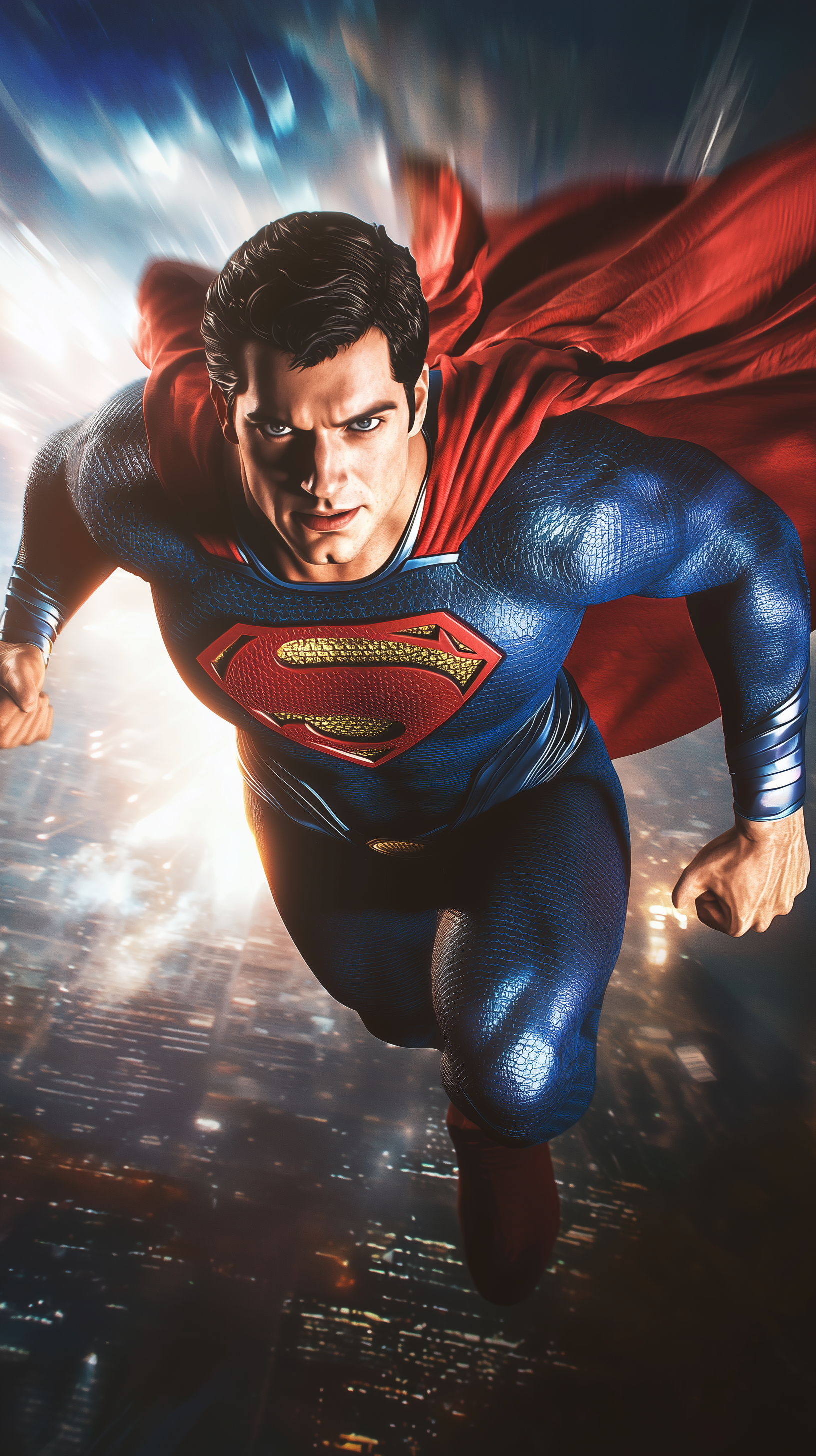 Phone wallpaper featuring Superman from the movie Superman (2025), showing him flying over a cityscape with his red cape flowing behind, compatible with iPhones and Android devices.