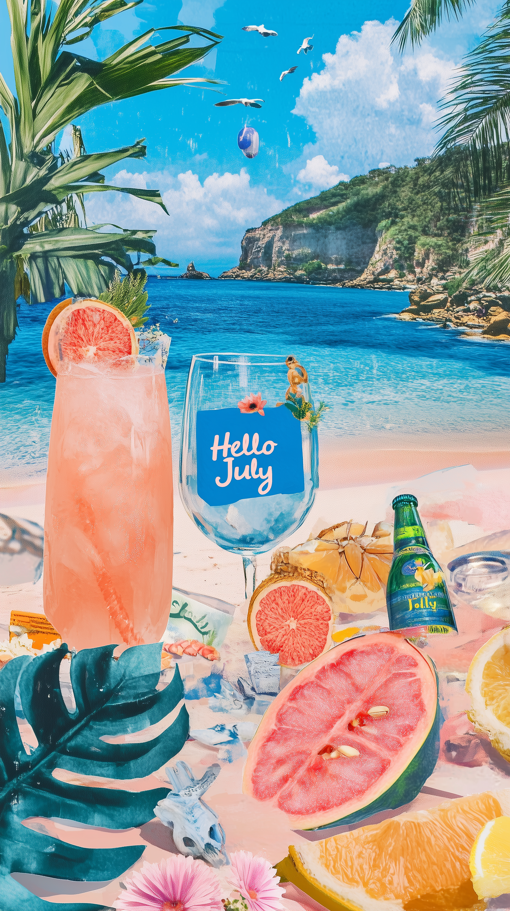 Phone wallpaper showcasing a vibrant summer beach scene with tropical drinks, fruits, and Hello July text, blending summer aesthetic for iPhone and Android displays.