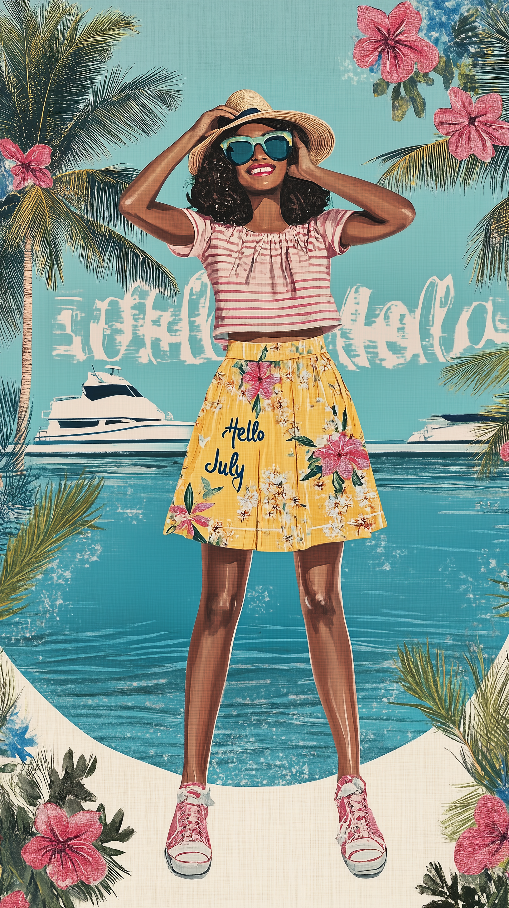 Phone wallpaper featuring a smiling girl in summer attire with Hello July text, surrounded by tropical flowers, palm trees, and yachts, evoking vibrant summer vibes for iPhones and Android.
