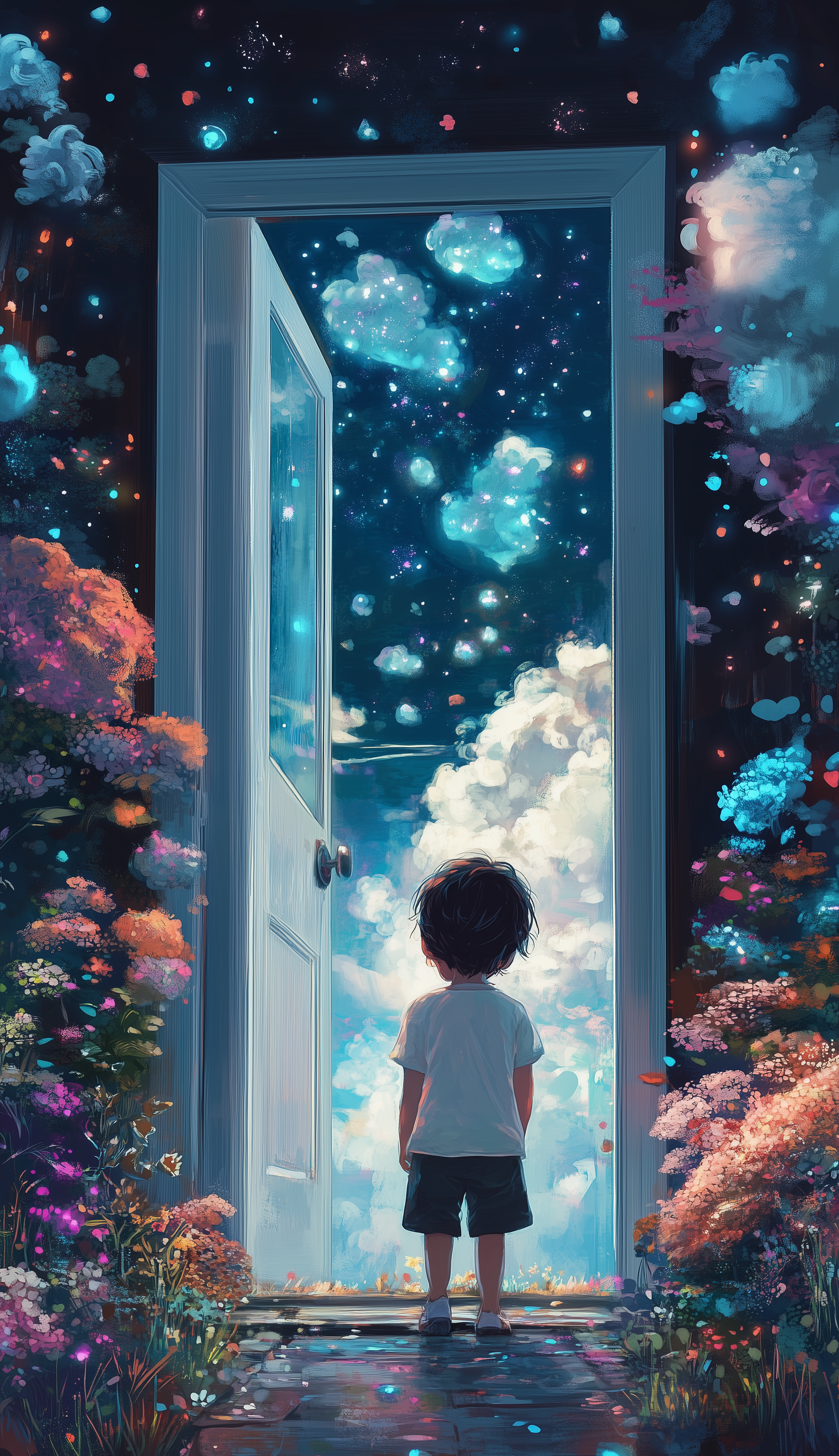 A boy stands before an open door leading from a colorful garden into a starry, dreamlike sky filled with glowing clouds, capturing a fantasy adventure mood for phone wallpaper.