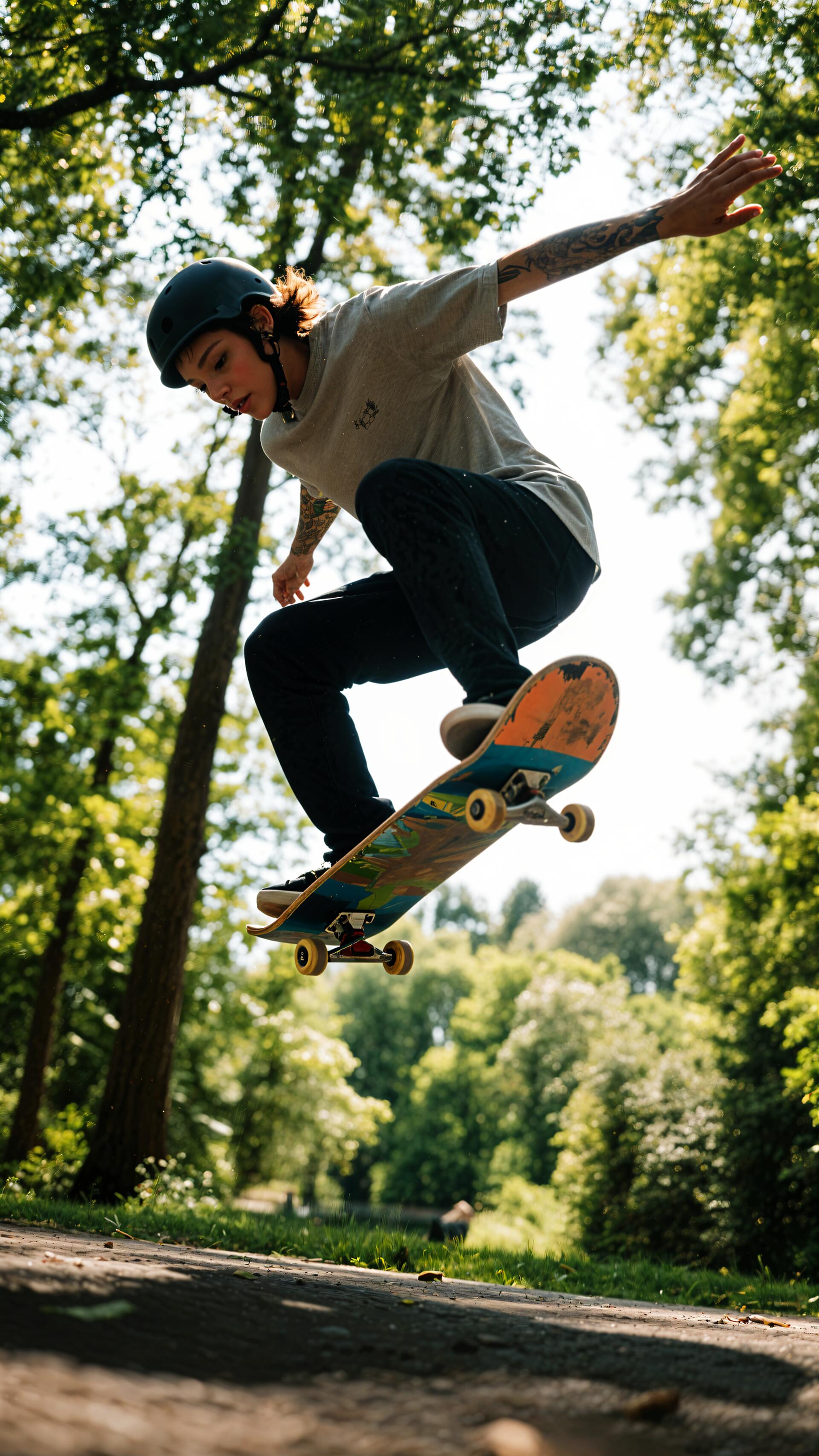 Skateboarder mid-air performing a trick in a sunlit forest setting, featured as a dynamic phone wallpaper for both iPhone and Android devices.