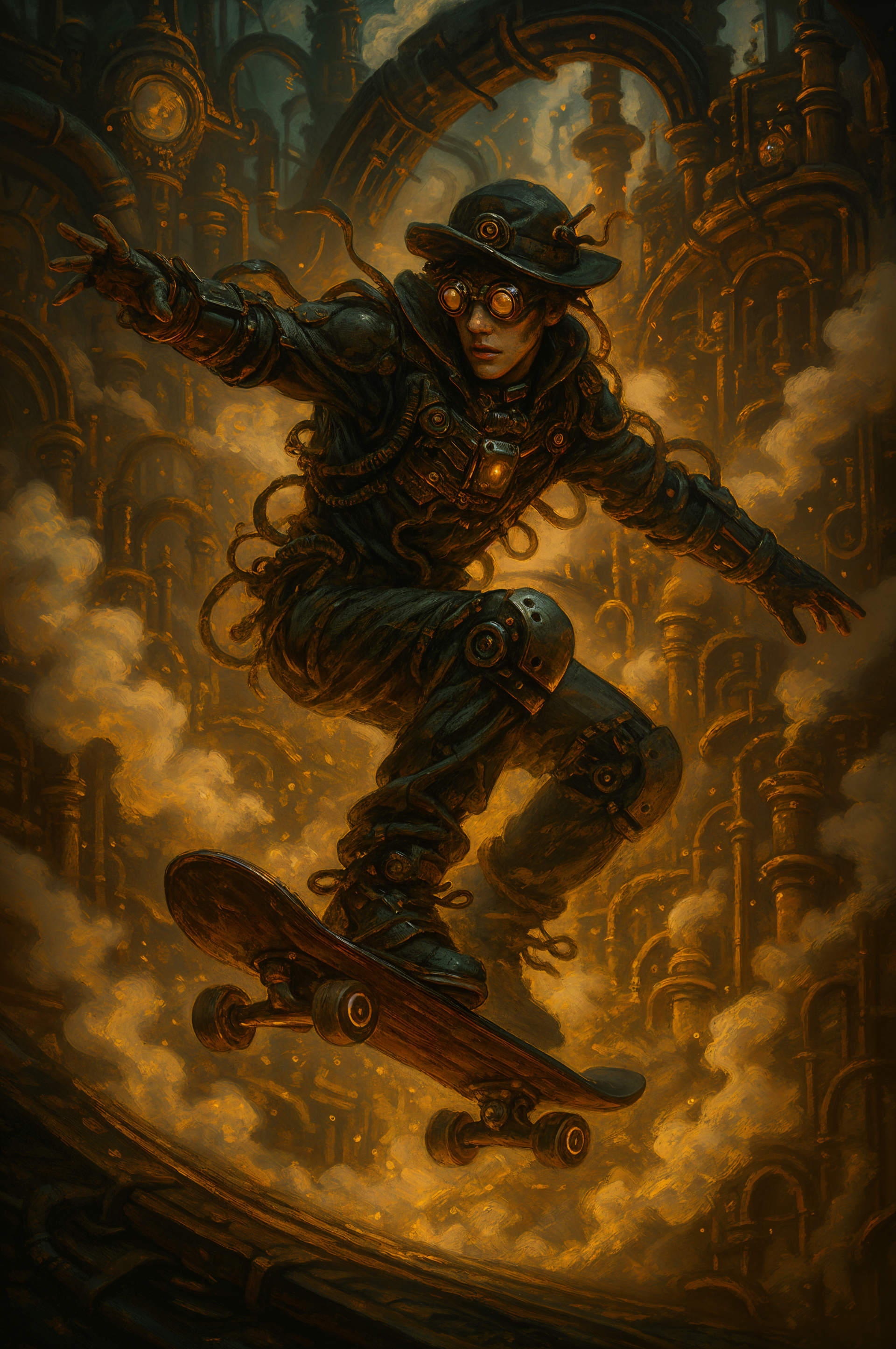 Steampunk-themed skateboarder performing a trick in a smoky, industrial setting, designed as a dynamic phone wallpaper for iPhone and Android devices.