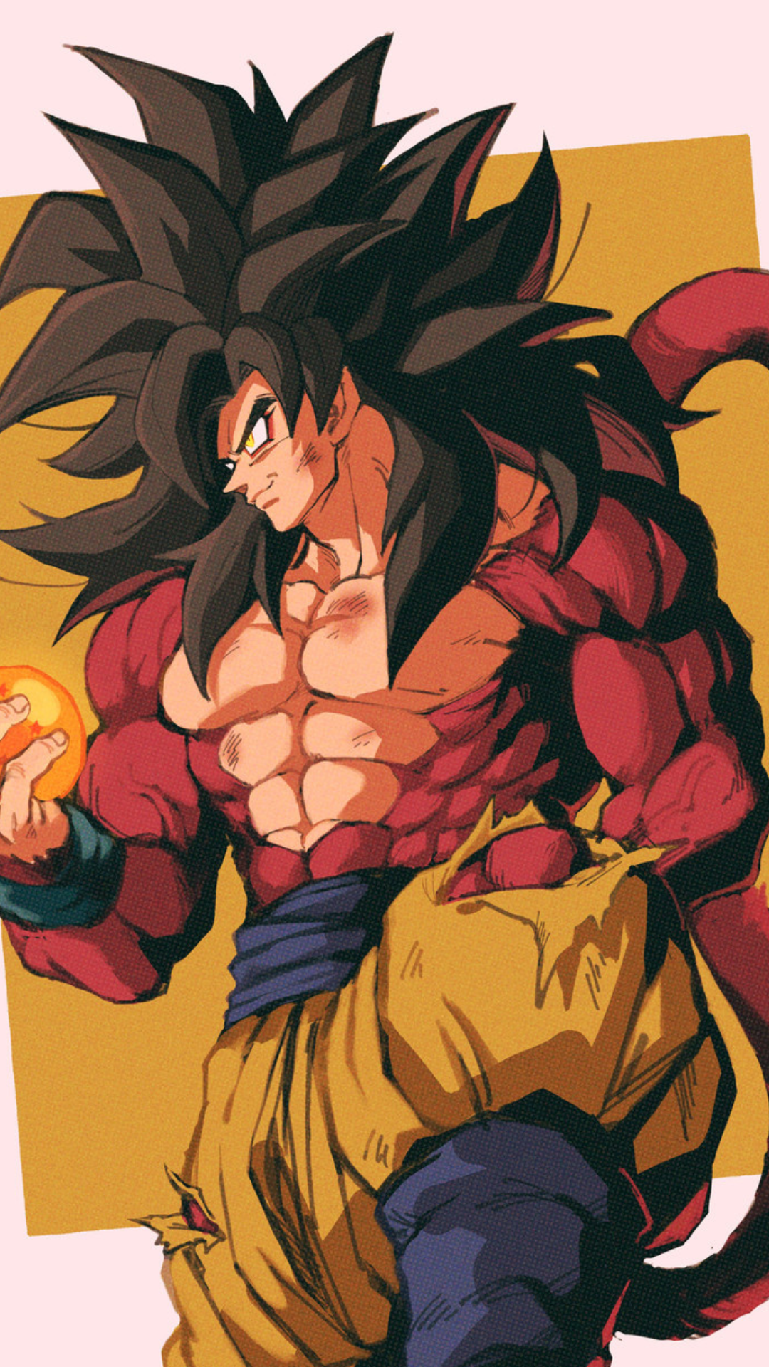 Phone wallpaper featuring Goku in his powerful form from Dragon Ball GT, showcasing his muscular build and iconic spiky hair against a stylish background.