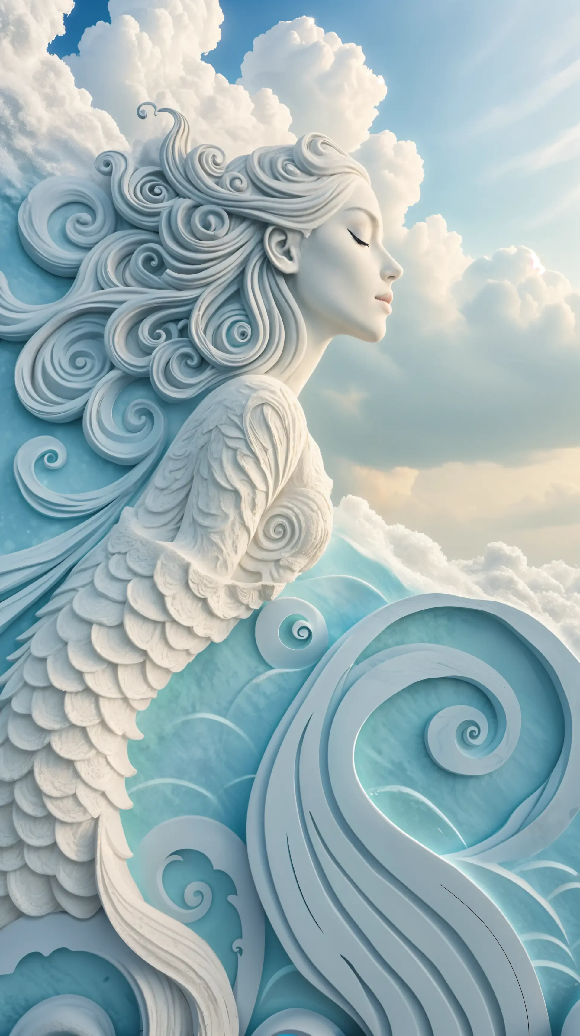 A serene mermaid-like figure with flowing hair and intricate scales blends into swirling blue waves and fluffy clouds, designed as a phone wallpaper for iPhones and Android devices.