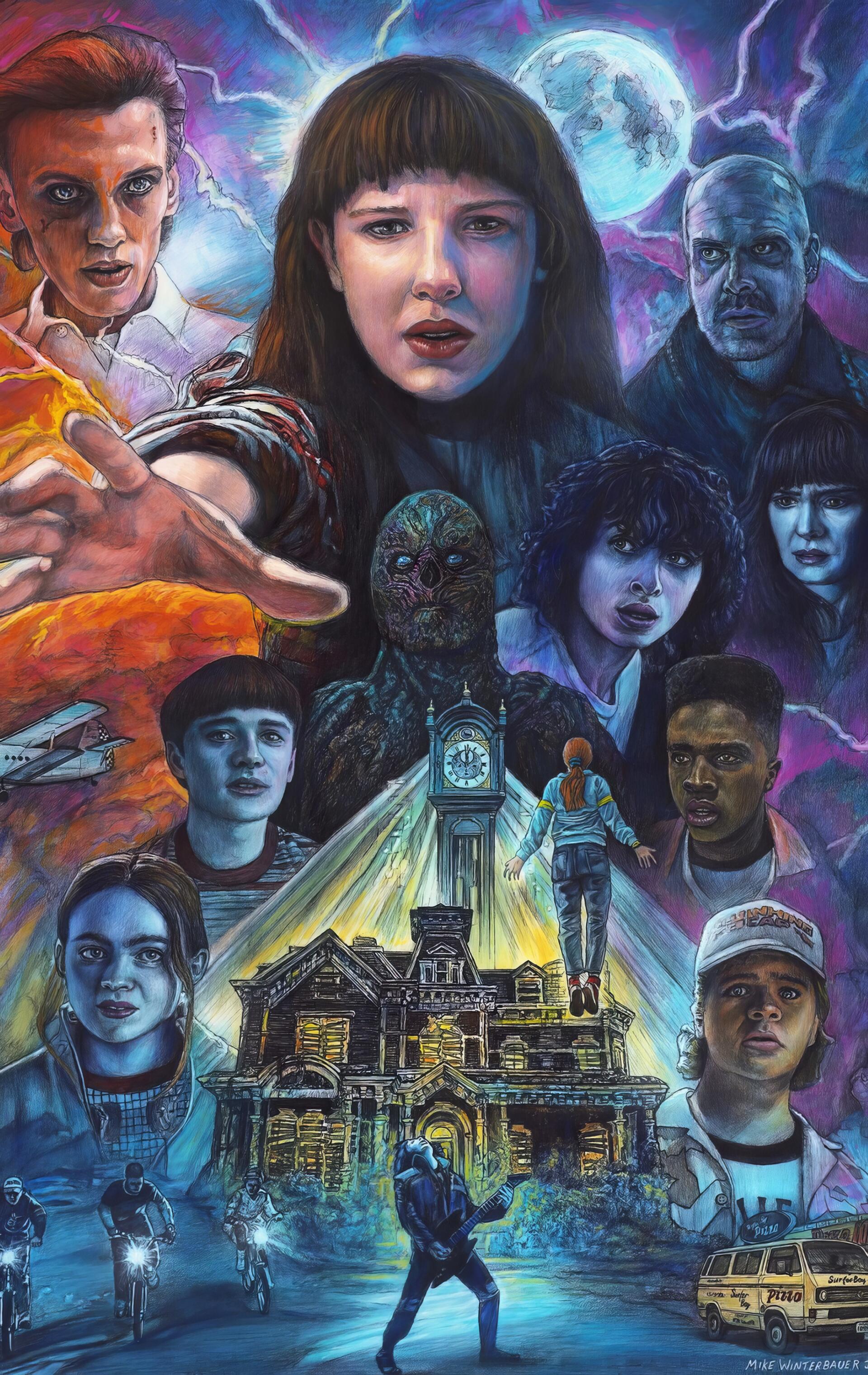 Stranger Things phone wallpaper featuring key characters, the Upside Down, and the iconic clock tower, designed for iPhone and Android displays.