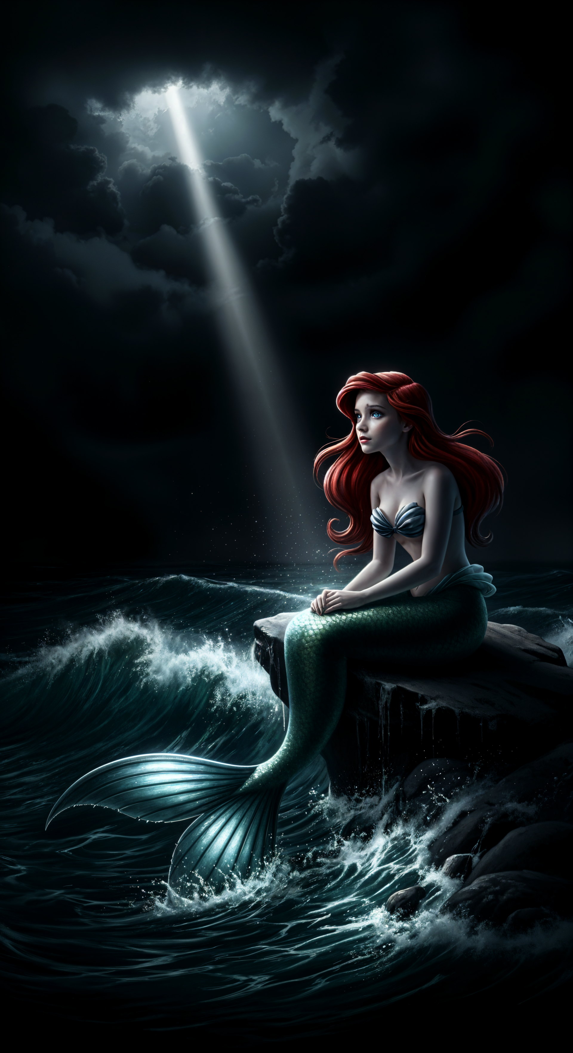 Phone wallpaper featuring The Little Mermaid sitting on a rock in a dark sea, illuminated by a beam of light from a break in the stormy clouds, compatible with iPhone and Android.