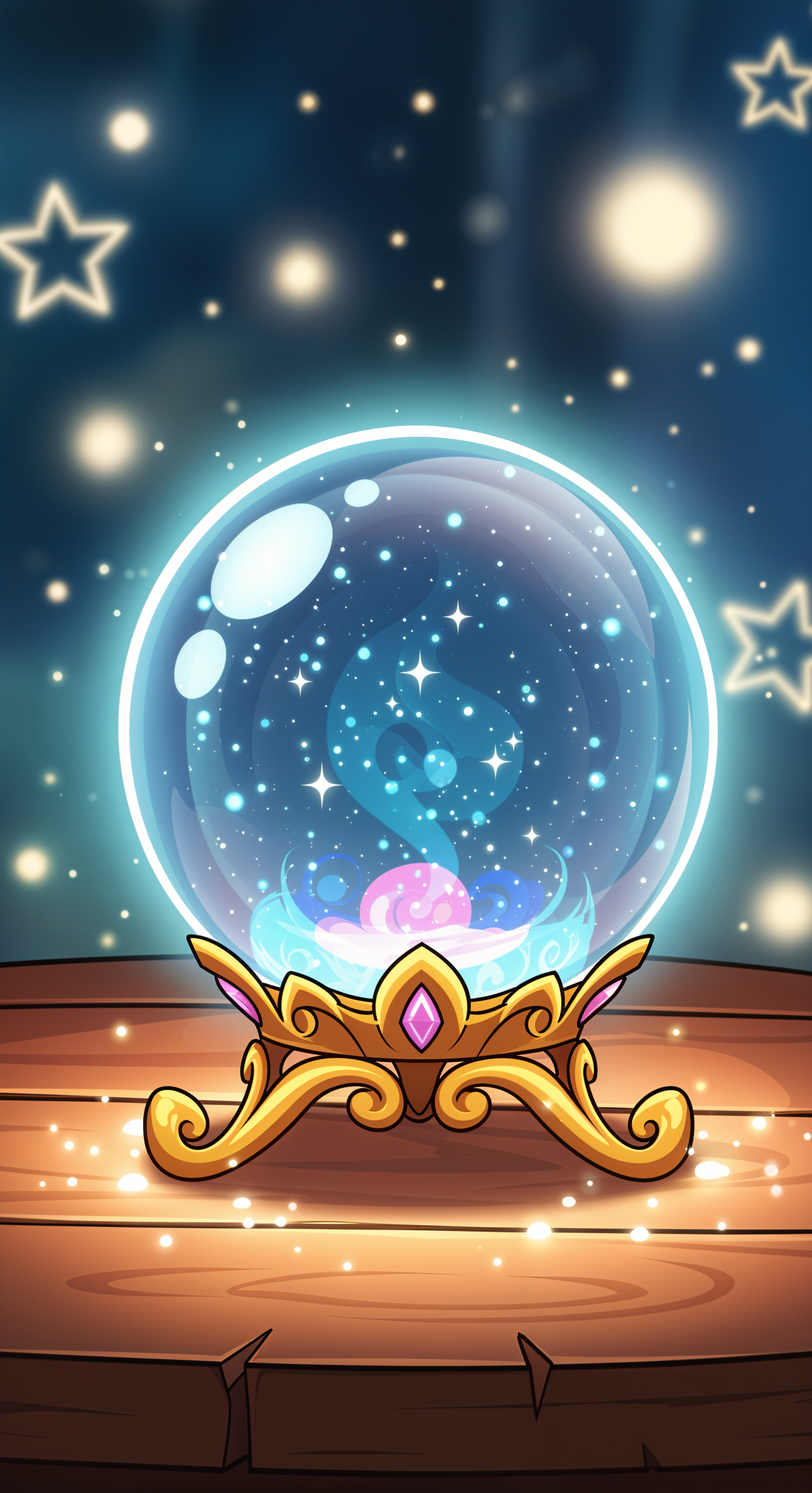 Phone wallpaper featuring a glowing crystal ball with sparkles inside, resting on an ornate golden stand against a starry, magical background for iPhone and Android screens.