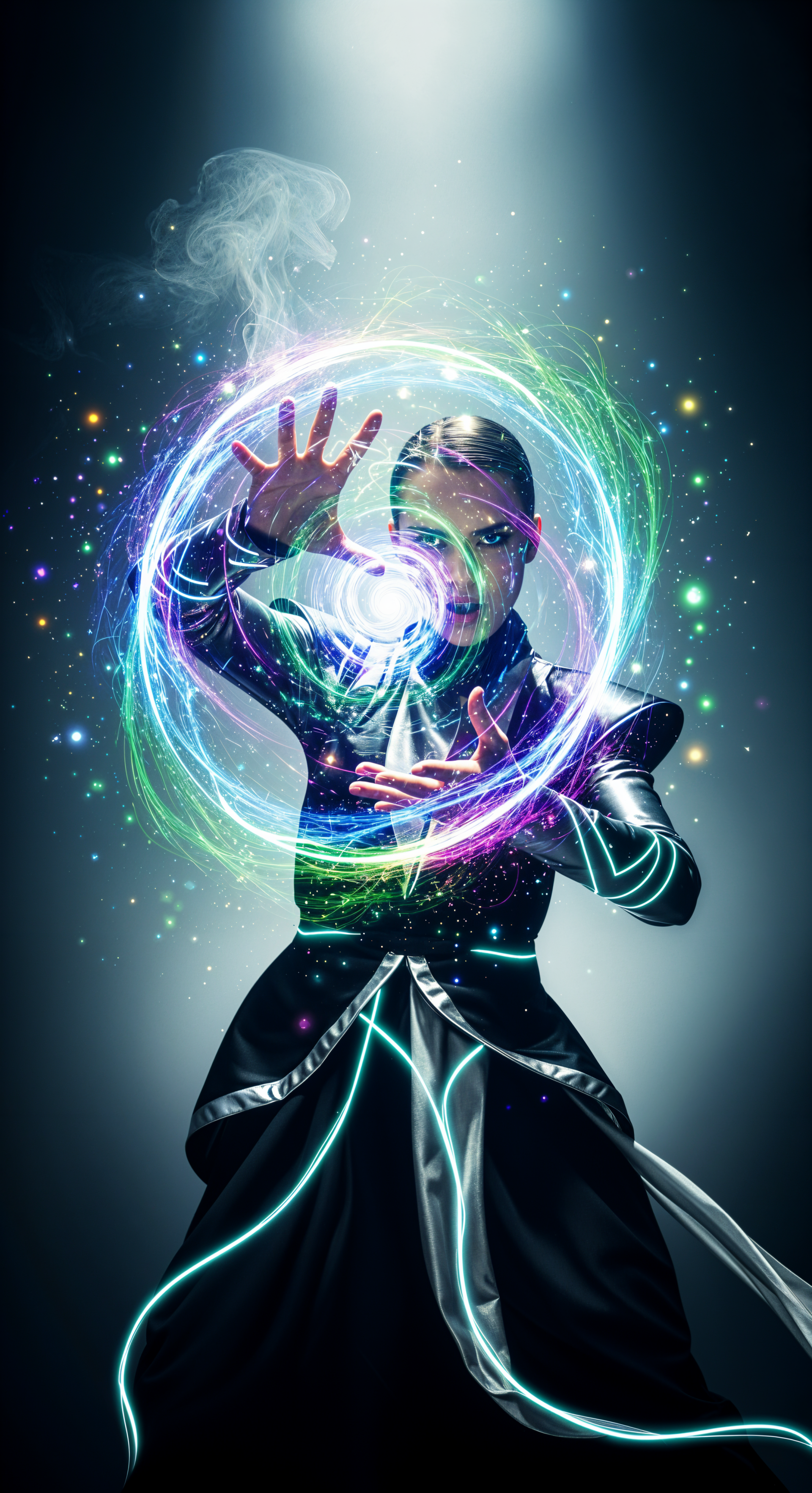 Phone wallpaper with a futuristic mage casting a glowing, multicolored magic spell, featuring dynamic light trails and sparkles on a dark background for iPhones and Android phones.