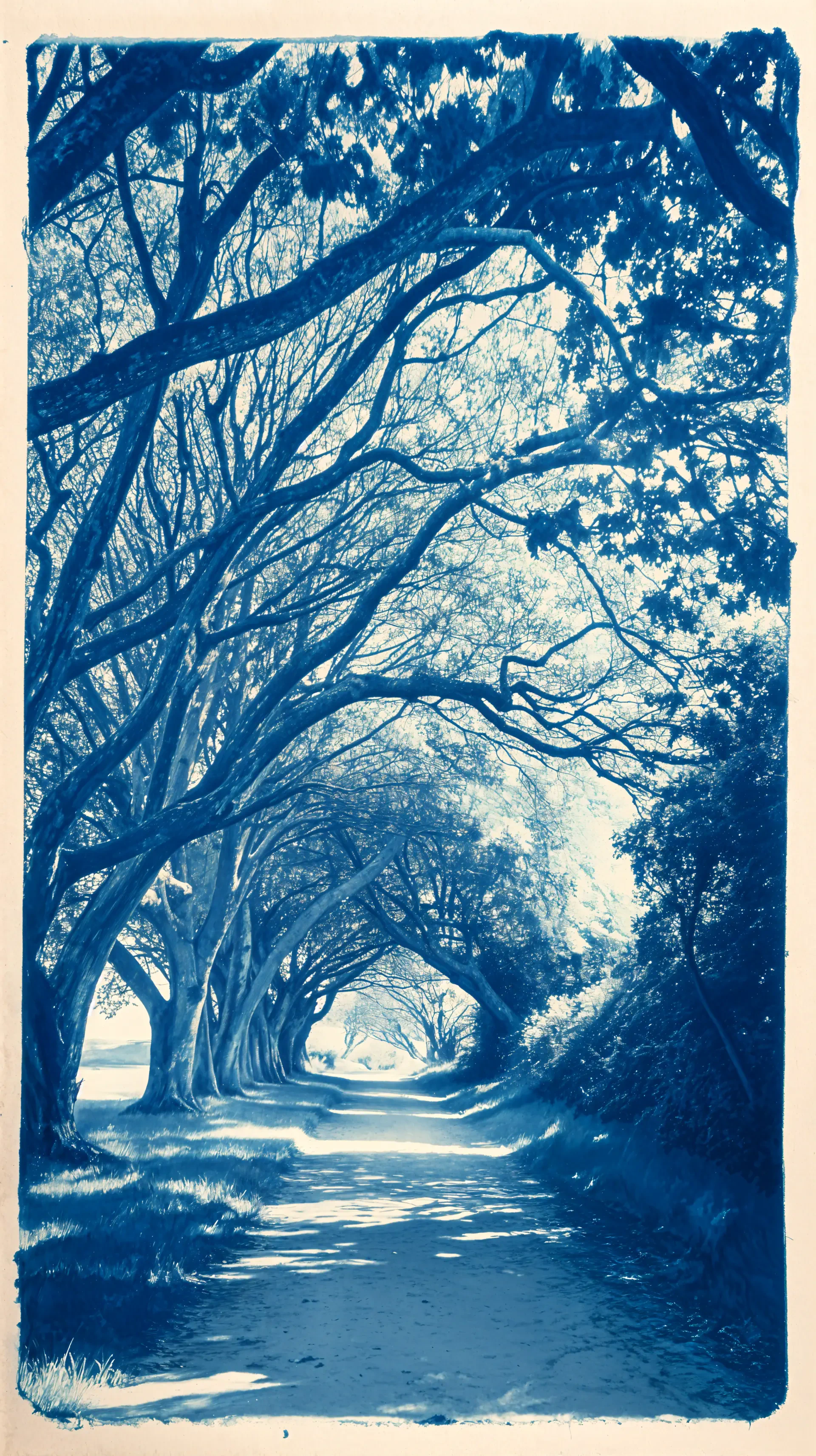 Phone wallpaper image of a tree canopy arching over a sunlit path, designed to fit both iPhone and Android screens with a calming blue tint.