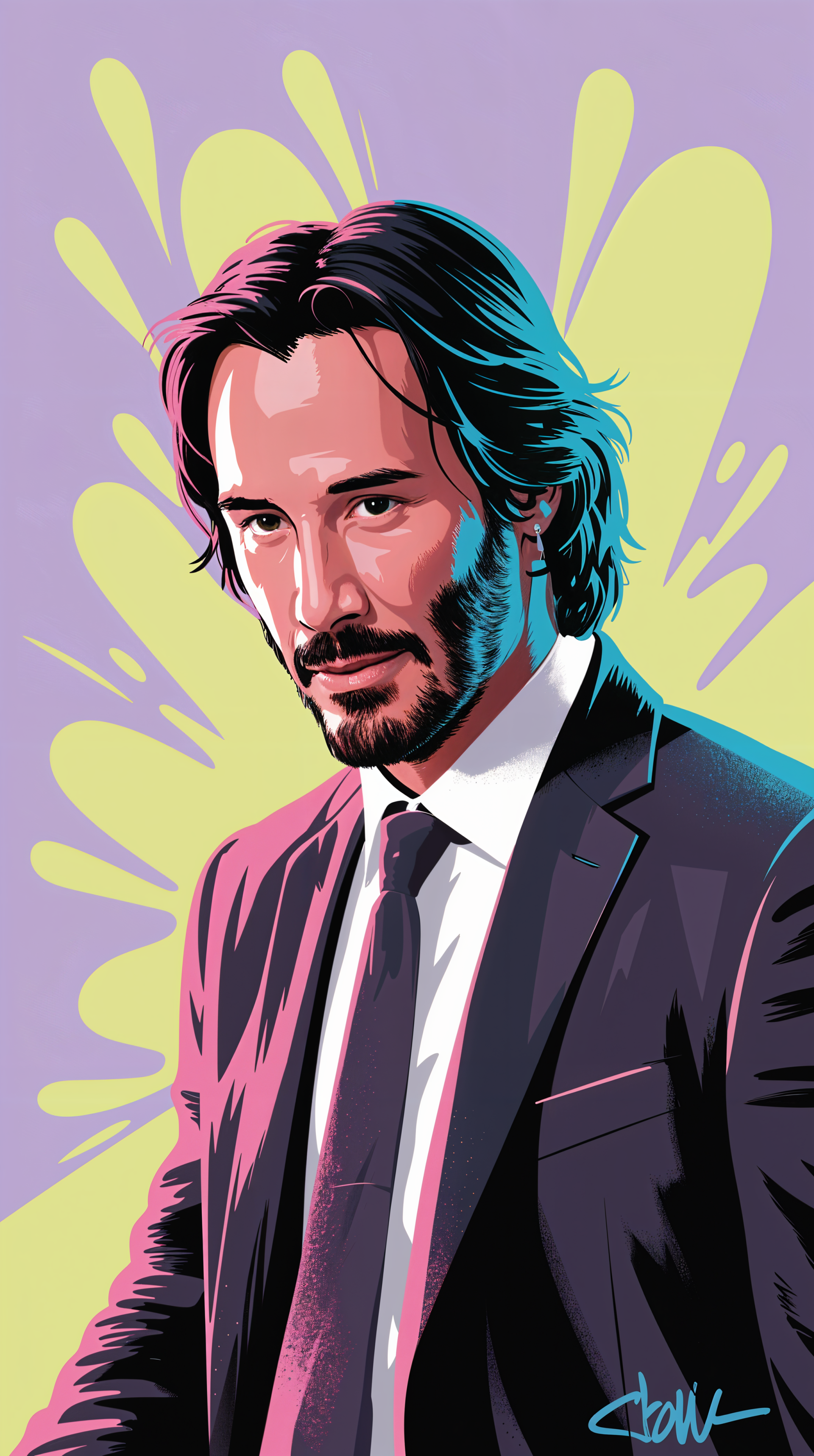 Phone wallpaper illustration of Keanu Reeves in a suit against a stylized pastel purple and yellow background, compatible with iPhones and Android devices.