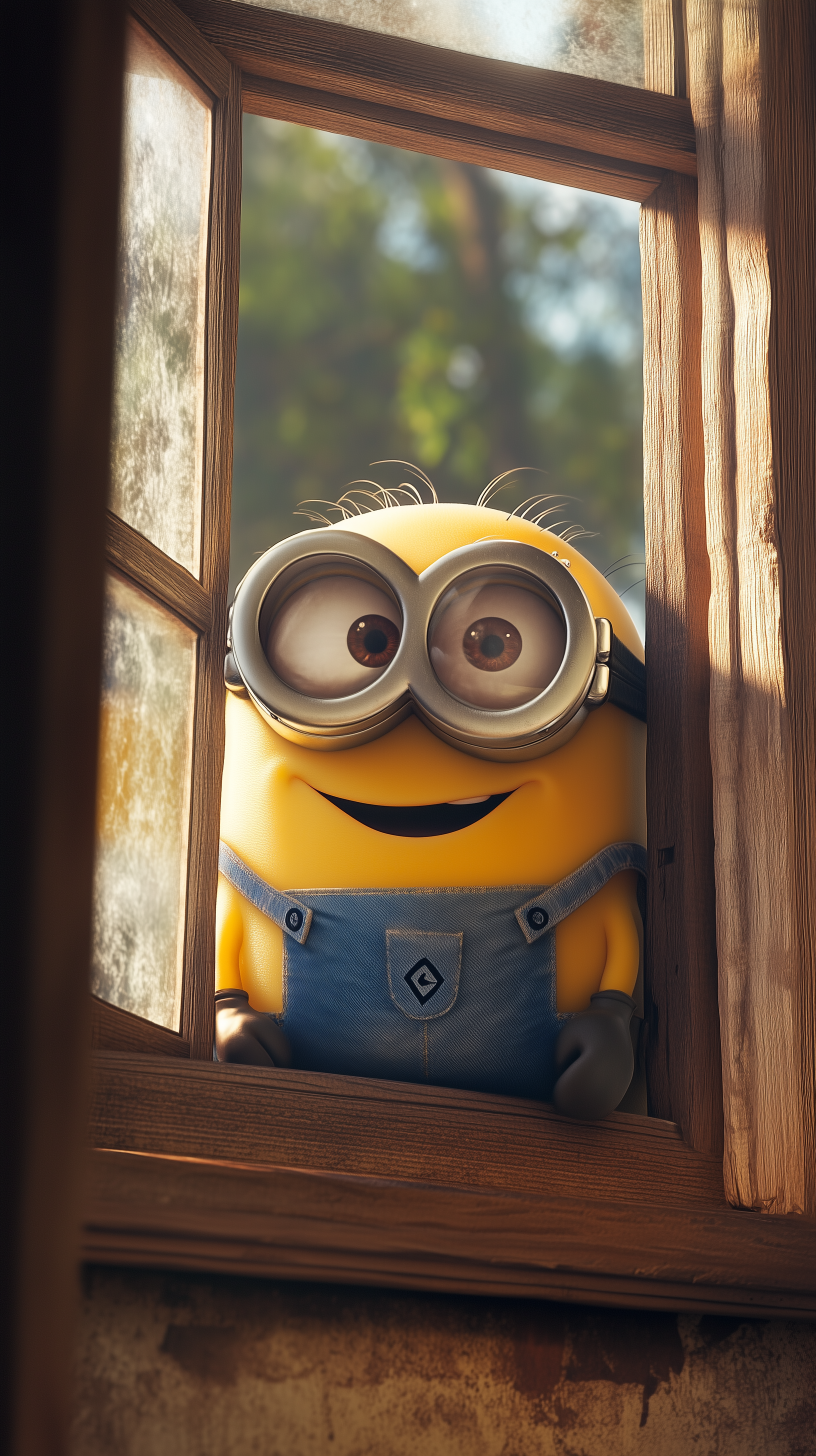 A cute Minion wearing goggles and blue overalls peeks through a wooden window, captured in a phone wallpaper format for iPhones and Android devices.