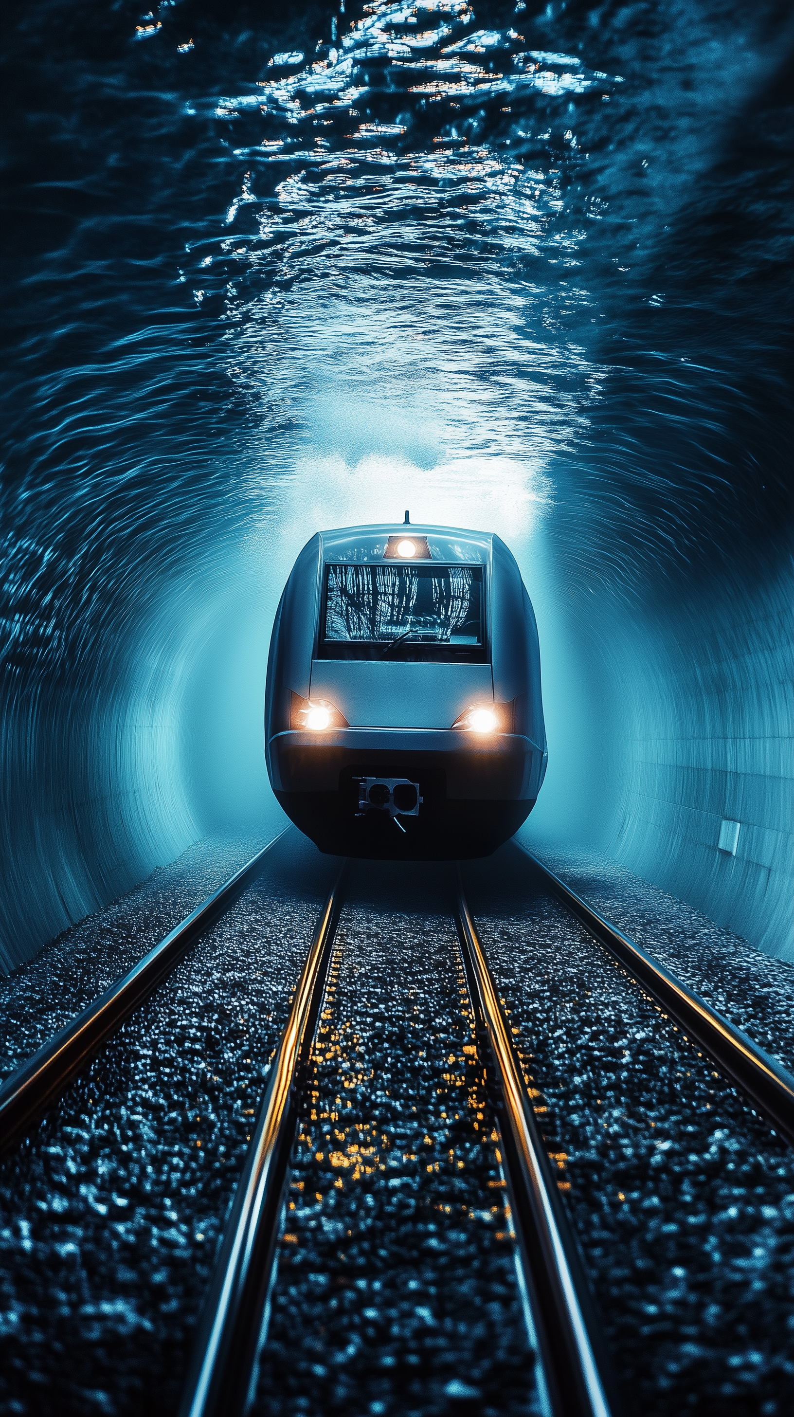 Underwater train emerging from a blue-lit tunnel, captured in a vertical wallpaper format for iPhone and Android phones.