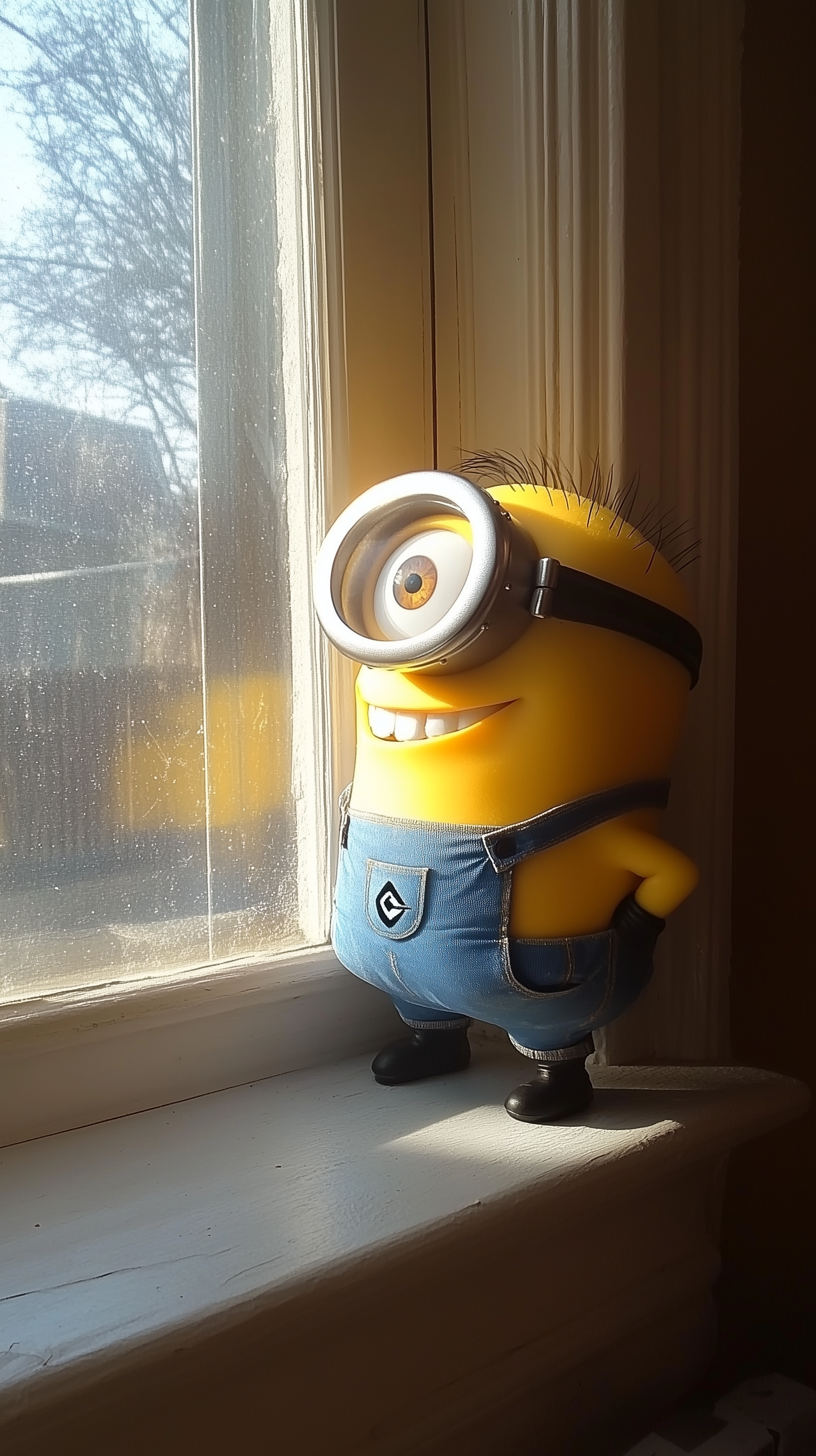 Phone wallpaper featuring a smiling Minion from the movie Minions standing on a windowsill, lit by warm sunlight, compatible with both iPhones and Android phones.