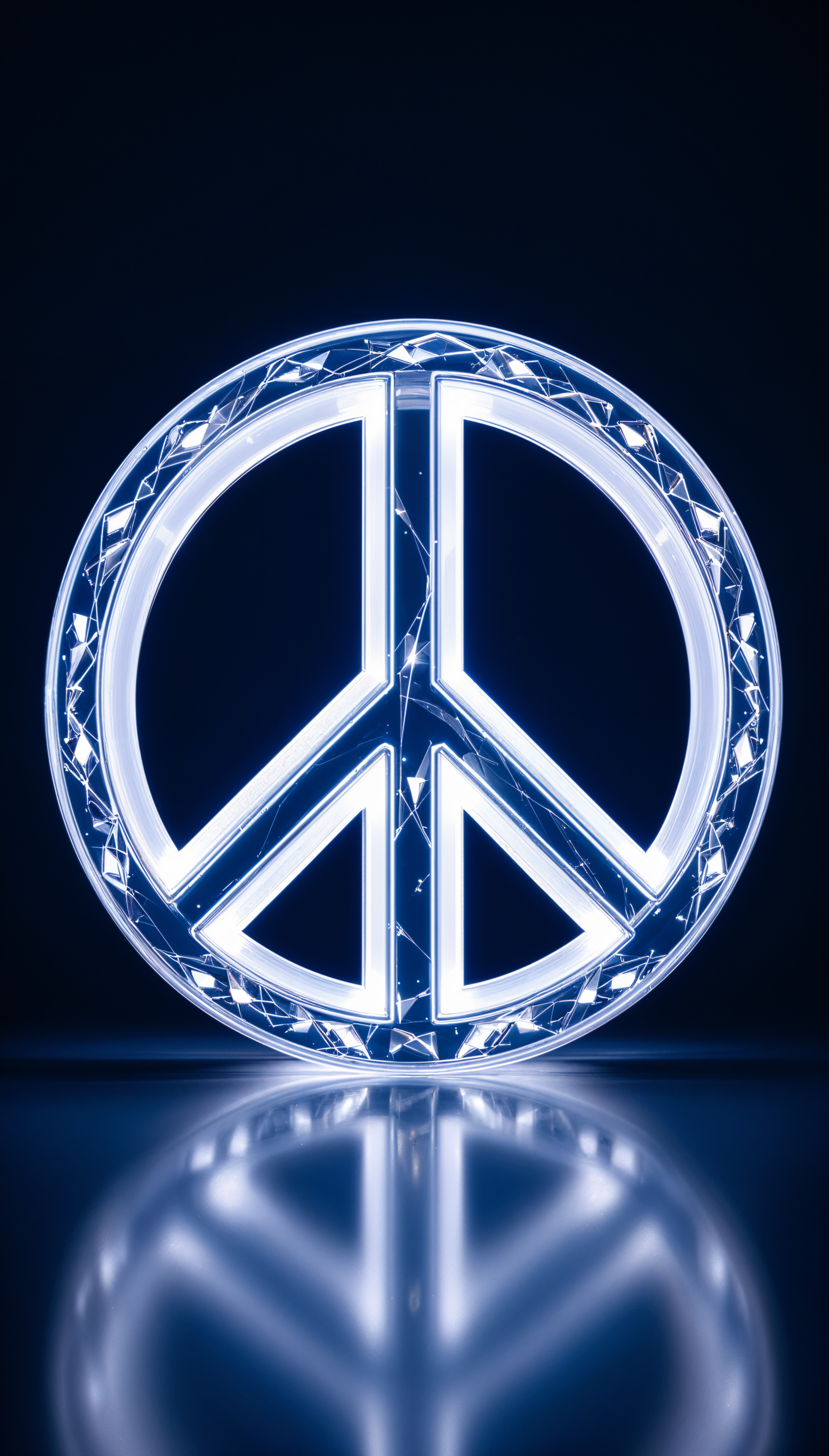 Glowing crystal peace symbol with intricate facets and blue light reflection on a dark background, designed as a phone wallpaper for iPhones and Android devices.
