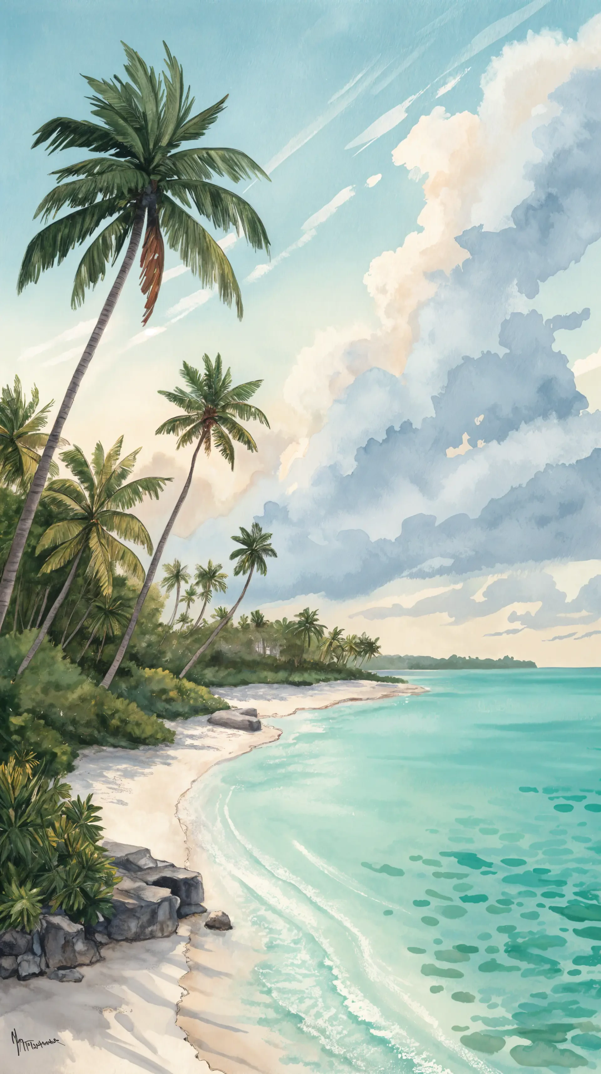 Caribbean beach scene with turquoise waters, white sandy shore, and tall palm trees under a partly cloudy sky, designed as a vibrant phone wallpaper for iPhones and Android phones.