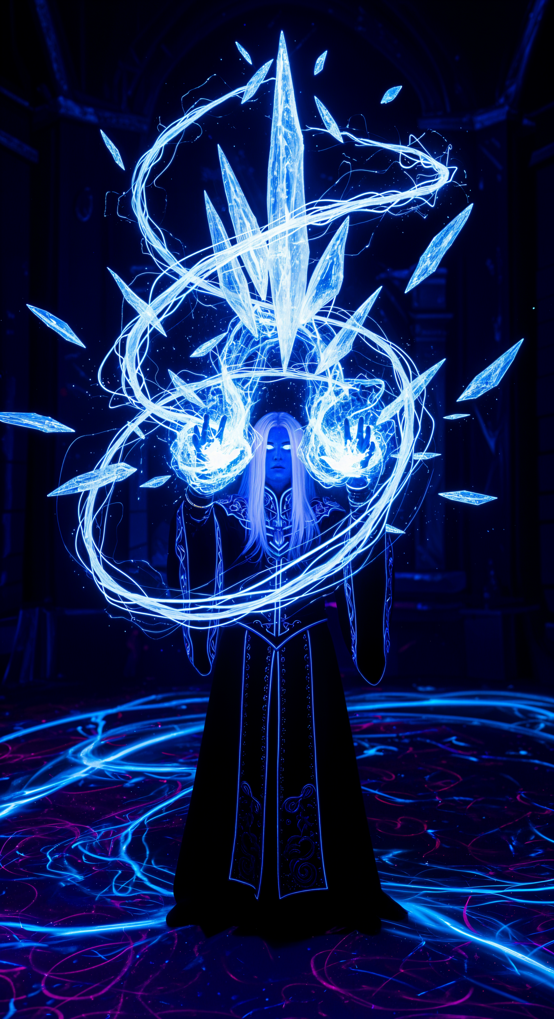 Phone wallpaper showing a mysterious figure casting an intense ice spell with glowing blue shards and swirling energy, designed for iPhone and Android screens.