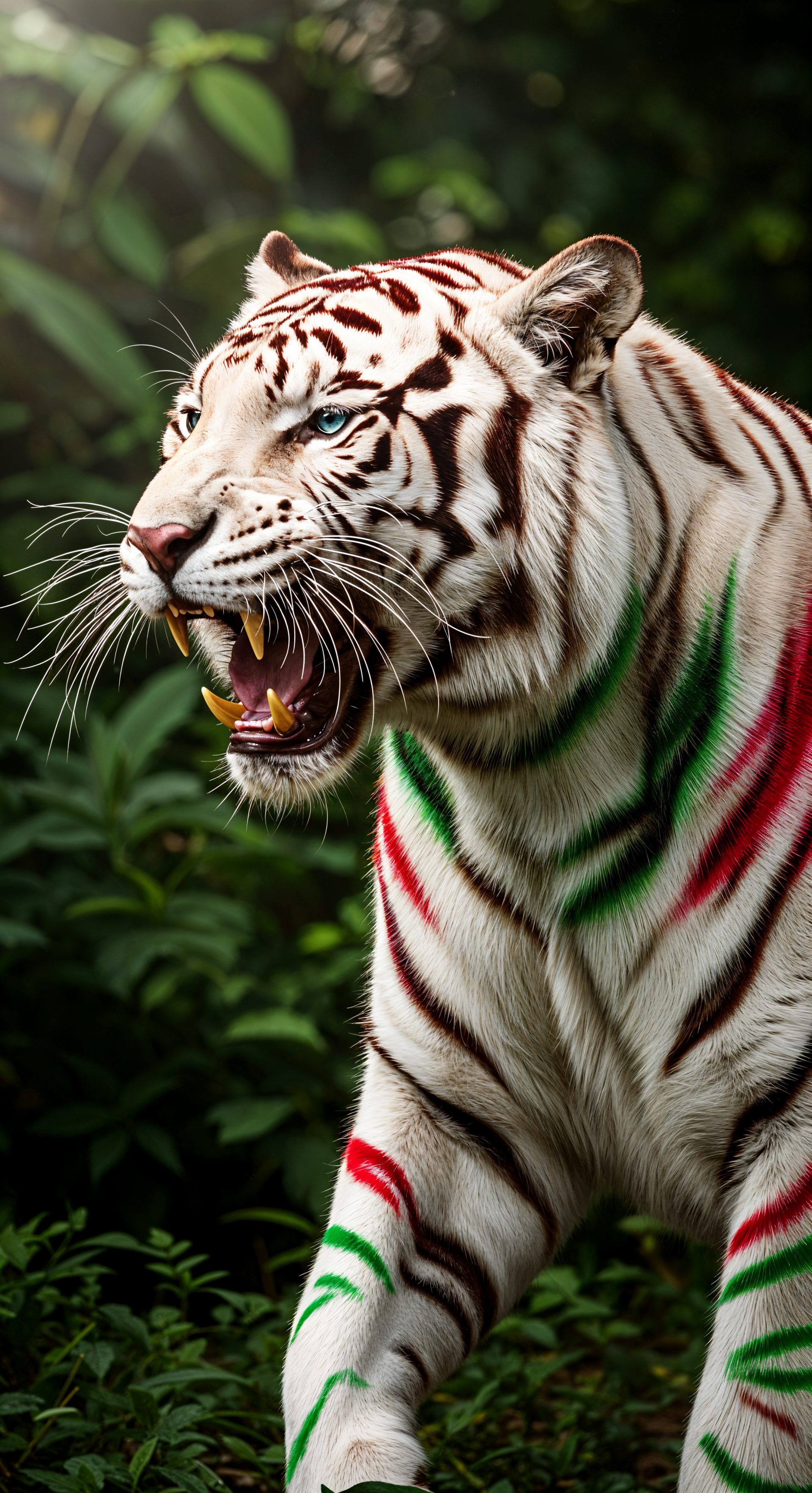 White tiger with blue eyes and red and green painted stripes in a forest, displayed as a vertical phone wallpaper for iPhone and Android devices.