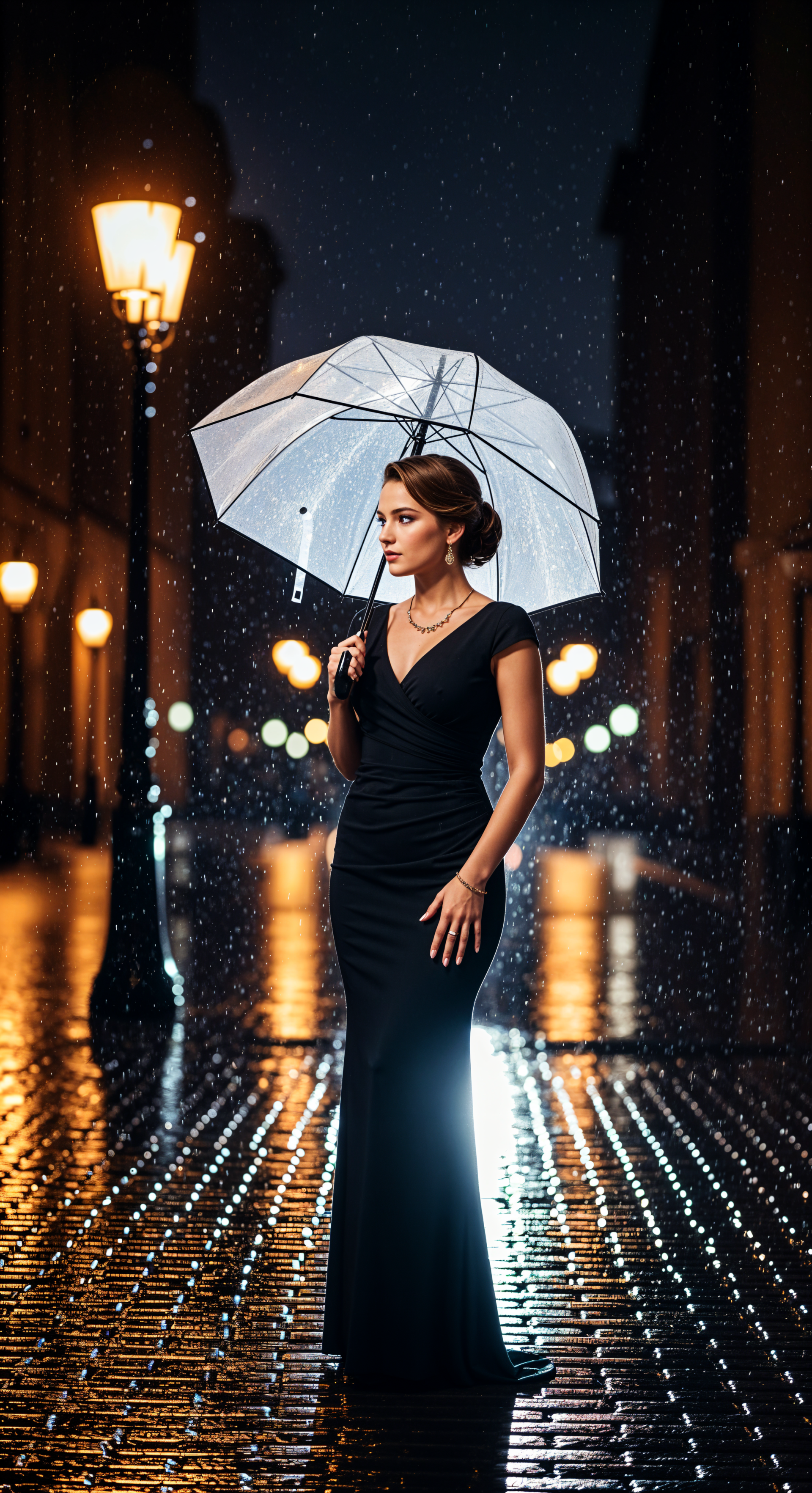 Phone wallpaper showing a woman in a black dress holding a transparent umbrella in the rain on a wet, lamppost-lit street at night, with reflections on the pavement.
