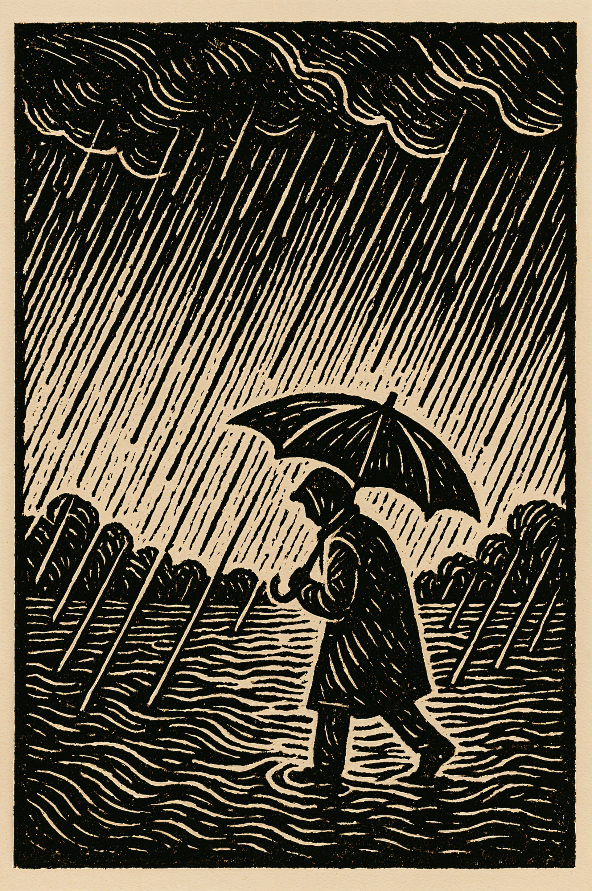 Phone wallpaper depicting a person walking in heavy rain with an umbrella under dark storm clouds, designed for iPhone and Android displays.