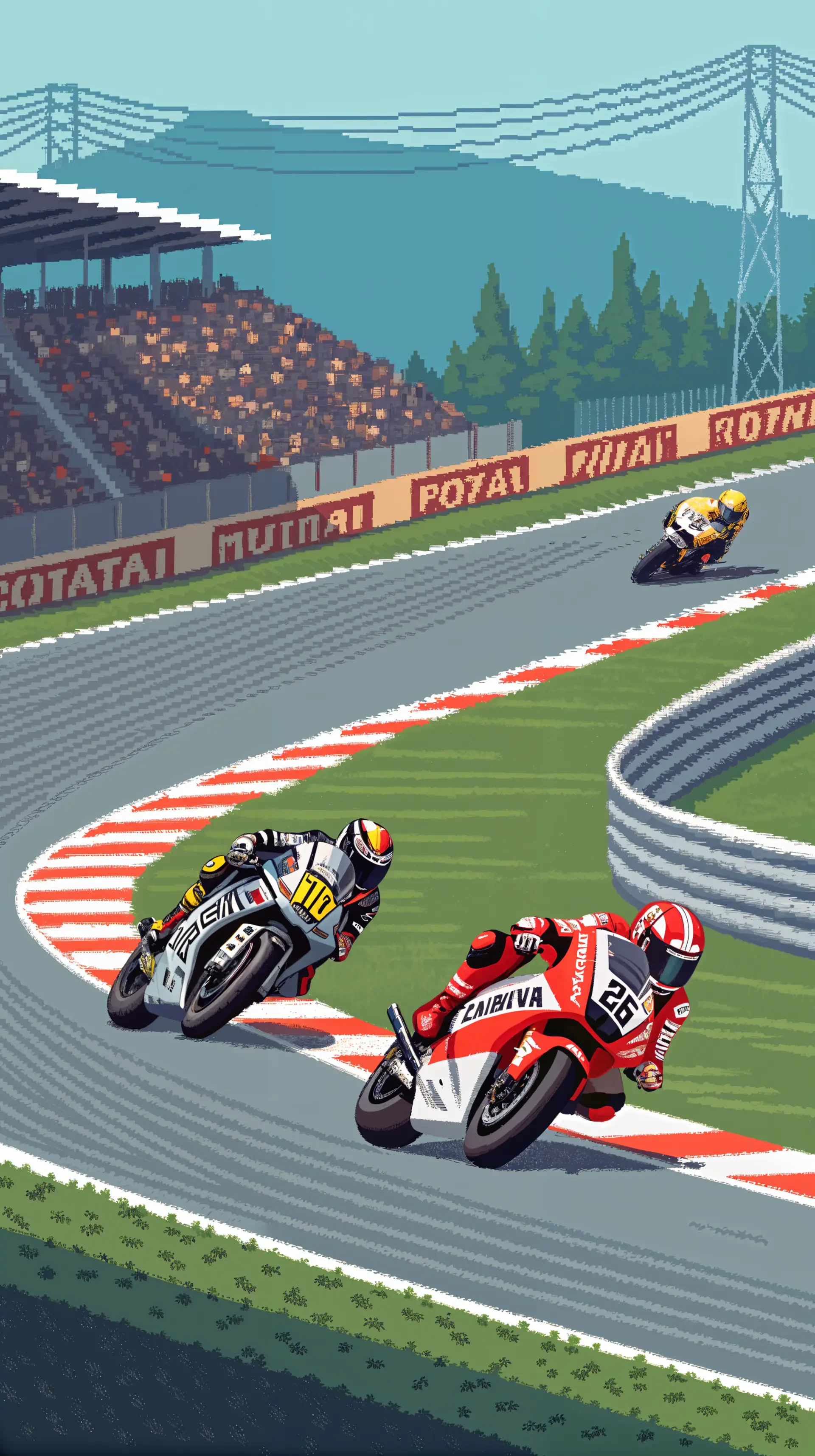 Pixel art wallpaper of a motorcycle race with three racers leaning into a sharp turn on a racetrack, designed for iPhone and Android phone screens.
