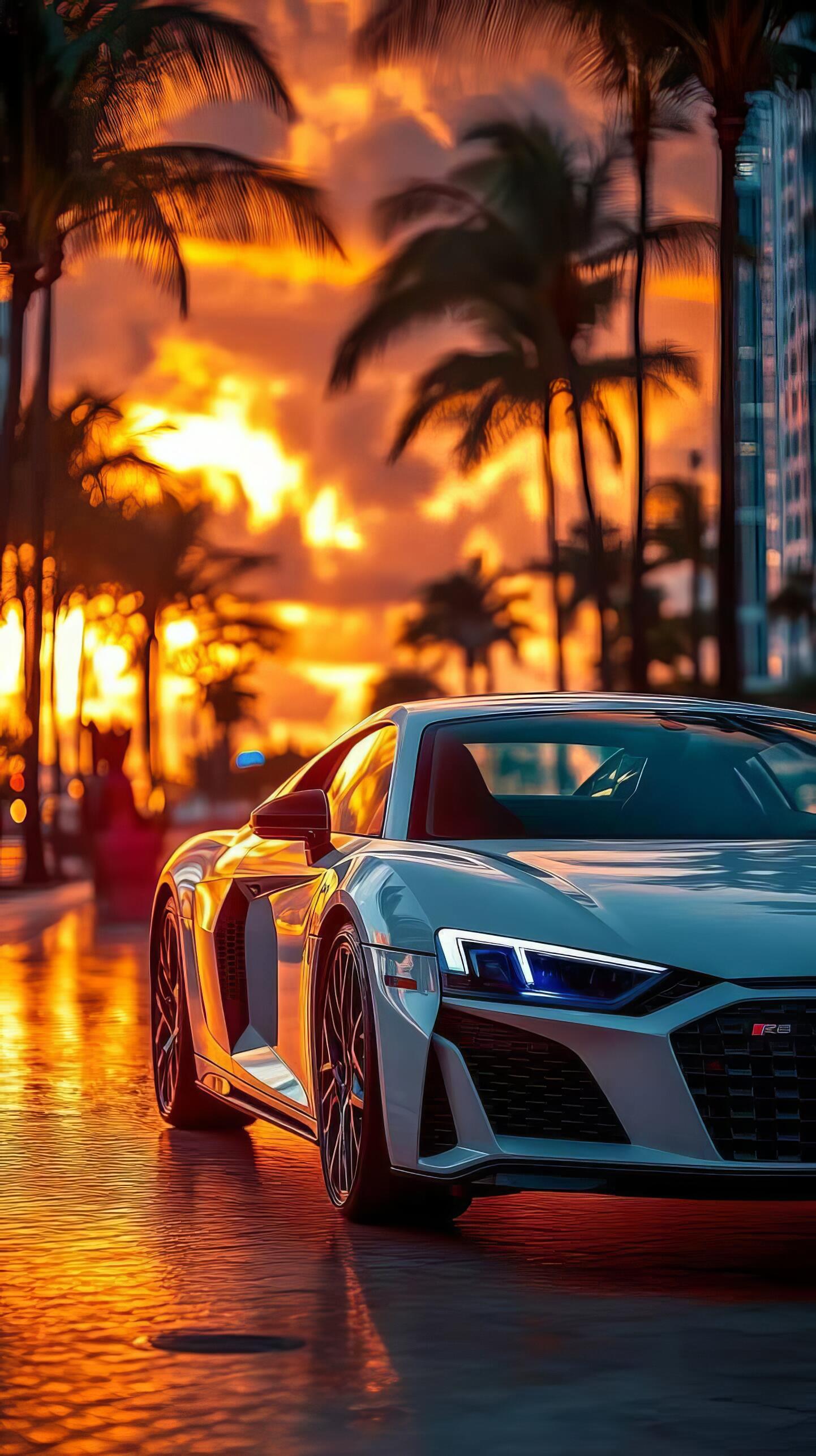 White Audi R8 parked on a palm-lined street at sunset, captured as a vibrant phone wallpaper for iPhones and Android devices.