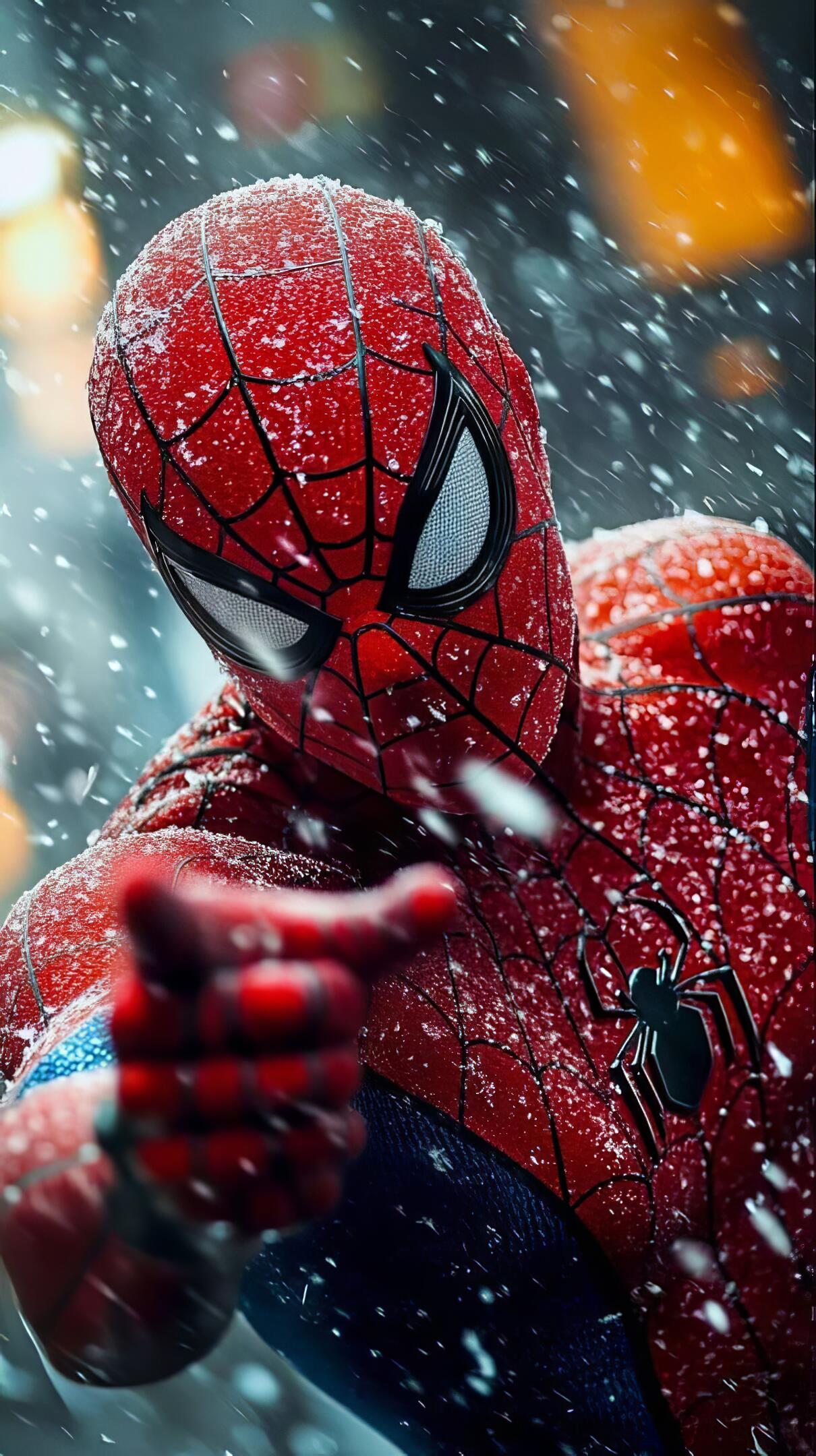 A close-up of Spider-Man in his classic red and blue suit covered in snowflakes, captured in a dynamic pose against a blurred snowy background, designed as a phone wallpaper.