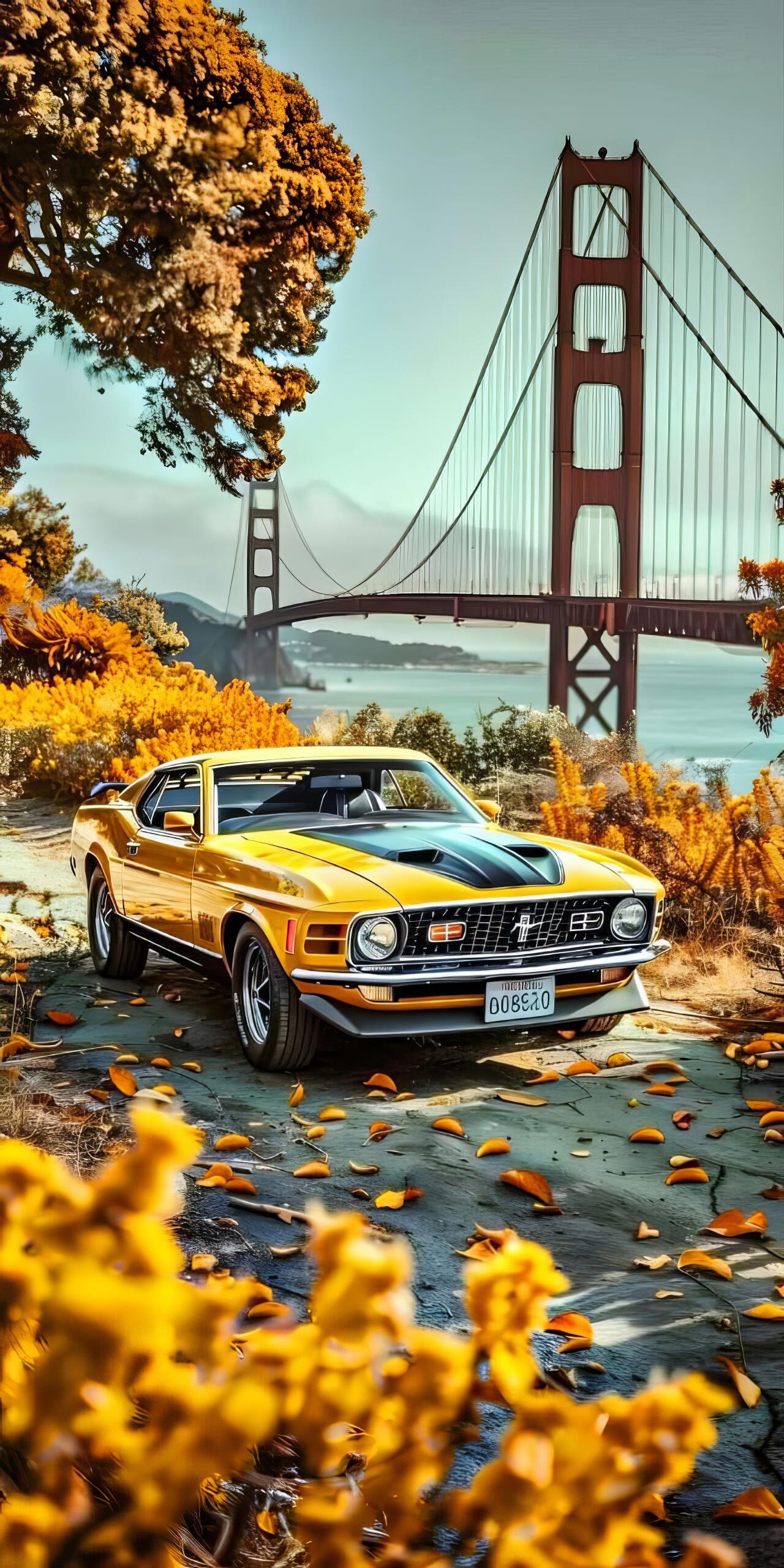 1970 yellow Ford Mustang classic car parked on a leafy path with the Golden Gate Bridge in the background, captured in warm autumn colors as a phone wallpaper.