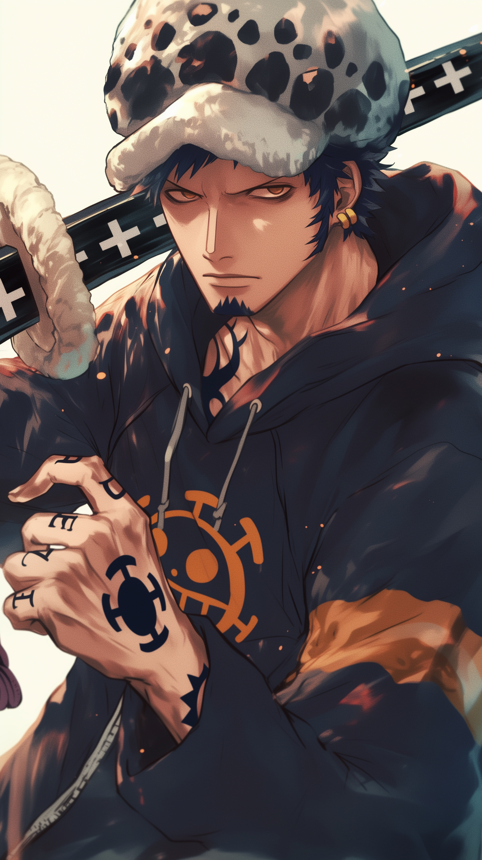 Anime phone wallpaper featuring Trafalgar Law from One Piece, showing him with his signature spotted hat, tattoos, and intense expression, designed for iPhone and Android screens.