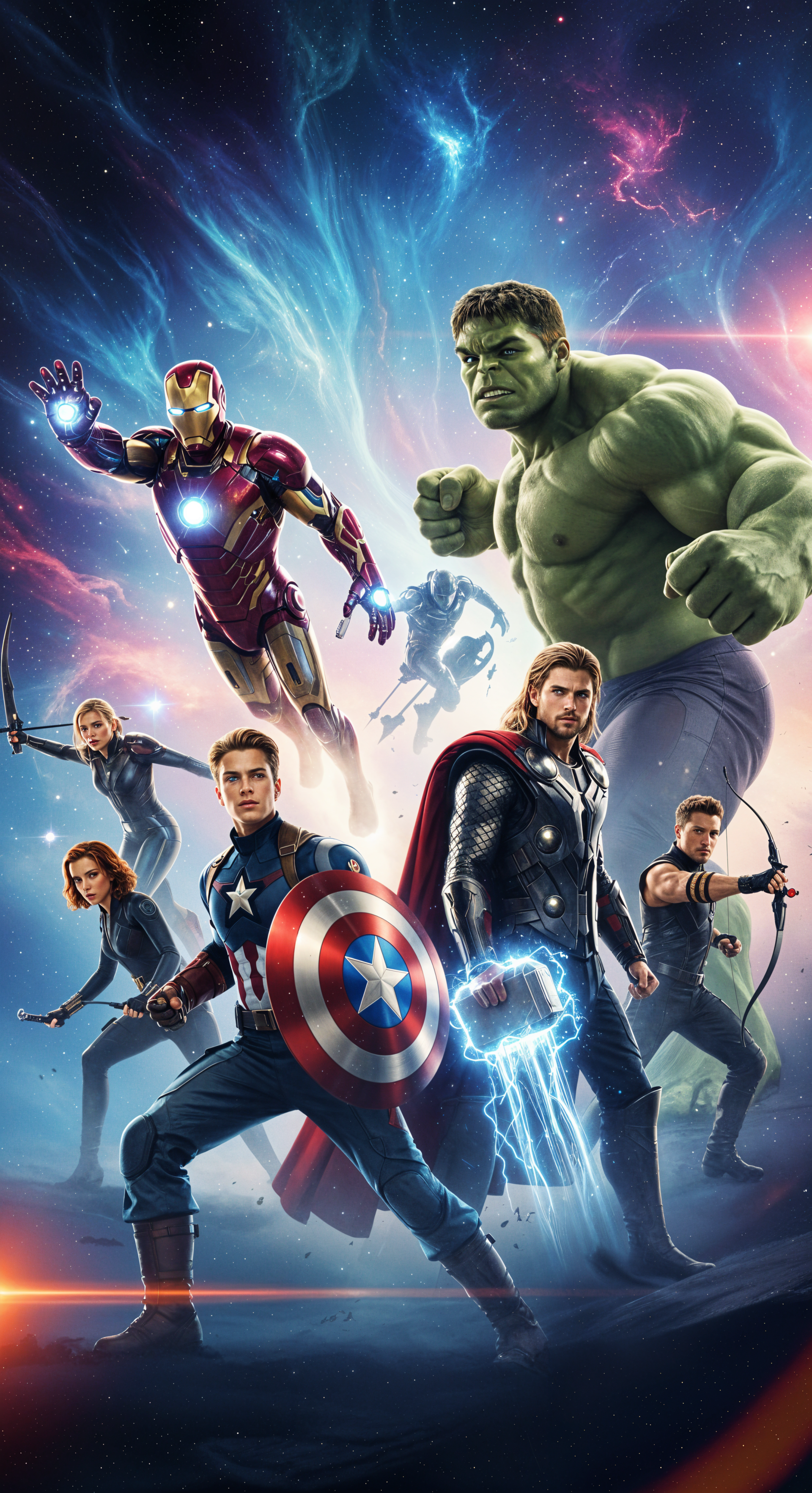 Phone wallpaper featuring Avengers heroes including Iron Man, Hulk, Captain America, Thor, Black Widow, Hawkeye, and others against a cosmic background, designed for iPhone and Android.