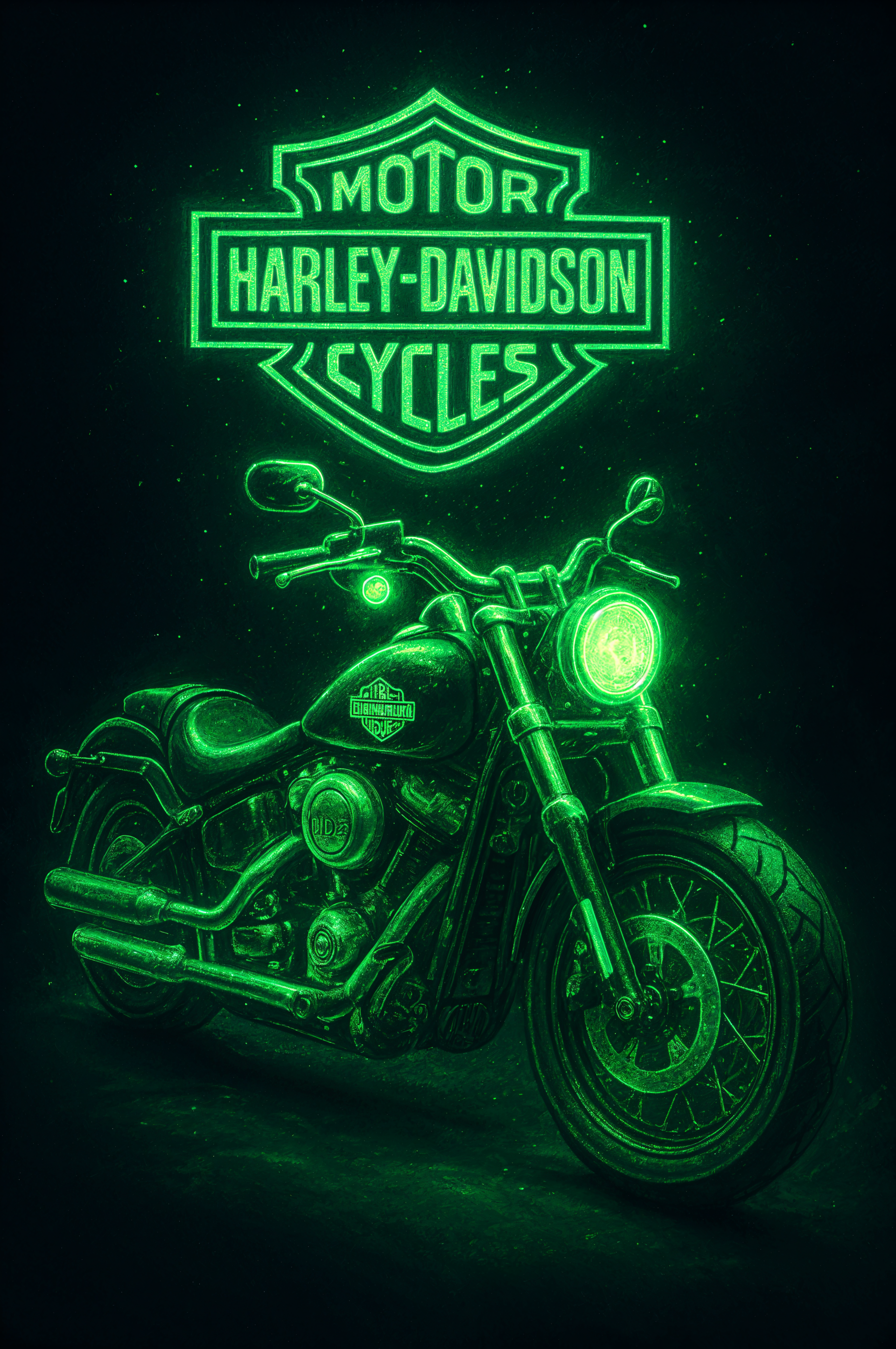 Phone wallpaper featuring a glowing green Harley-Davidson motorcycle and neon logo, designed for both iPhone and Android displays.
