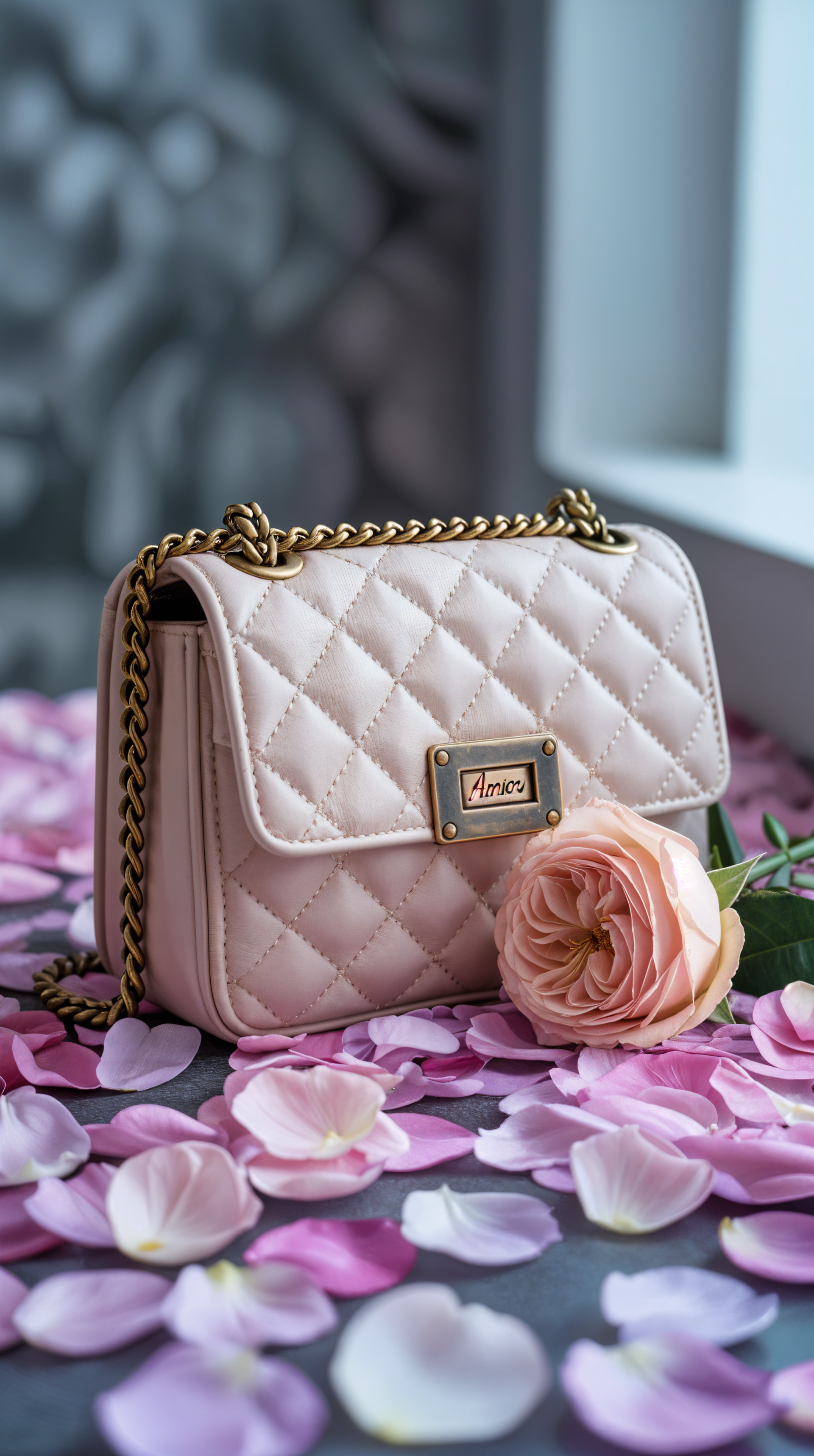 A quilted handbag with a gold chain strap rests on pink rose petals beside a single peach rose, displayed as a vertically oriented phone wallpaper for iPhones and Android.