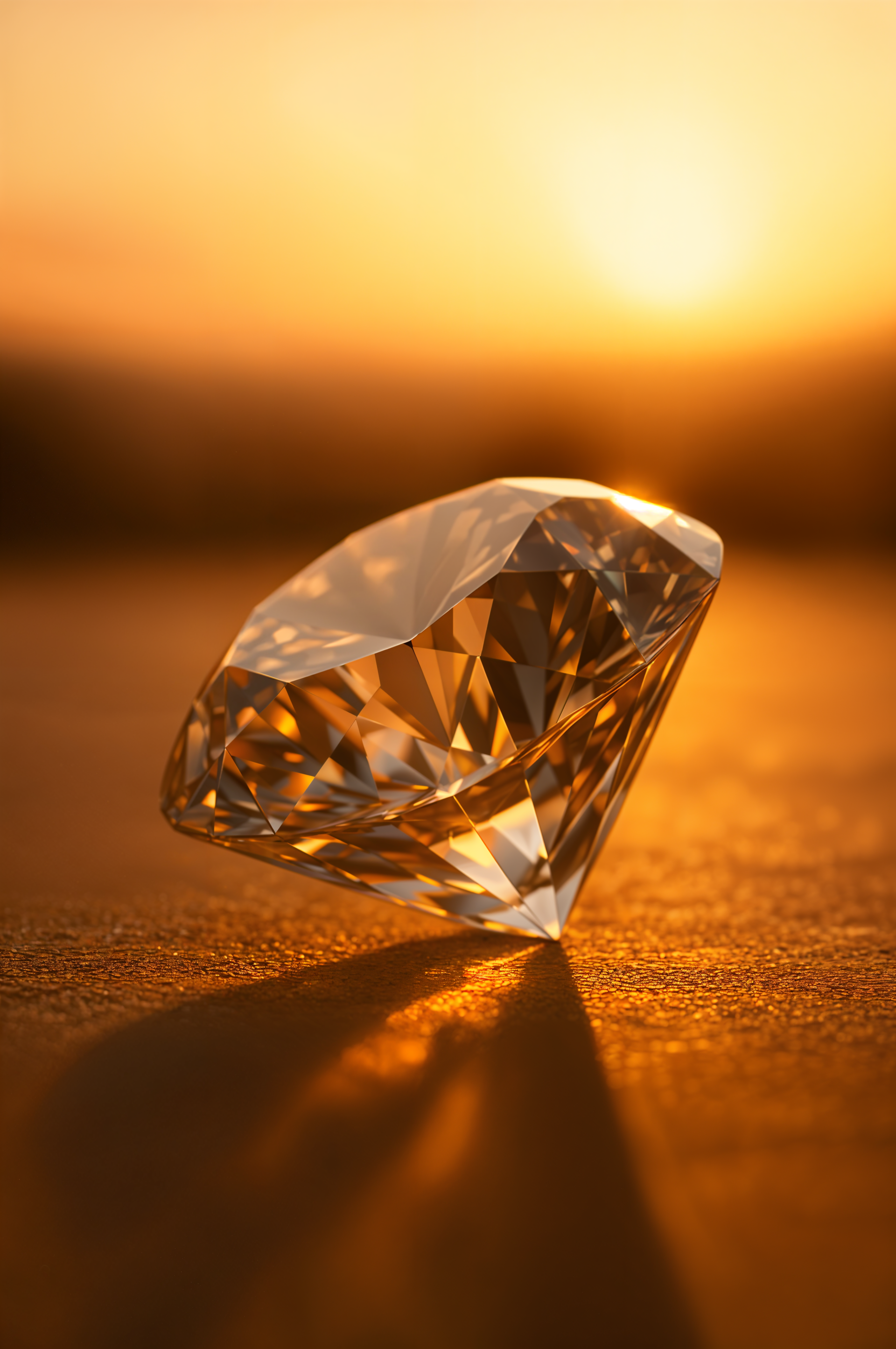 Diamond sparkling on a surface with a warm golden sunset background, designed as a phone wallpaper compatible with both iPhones and Android devices.