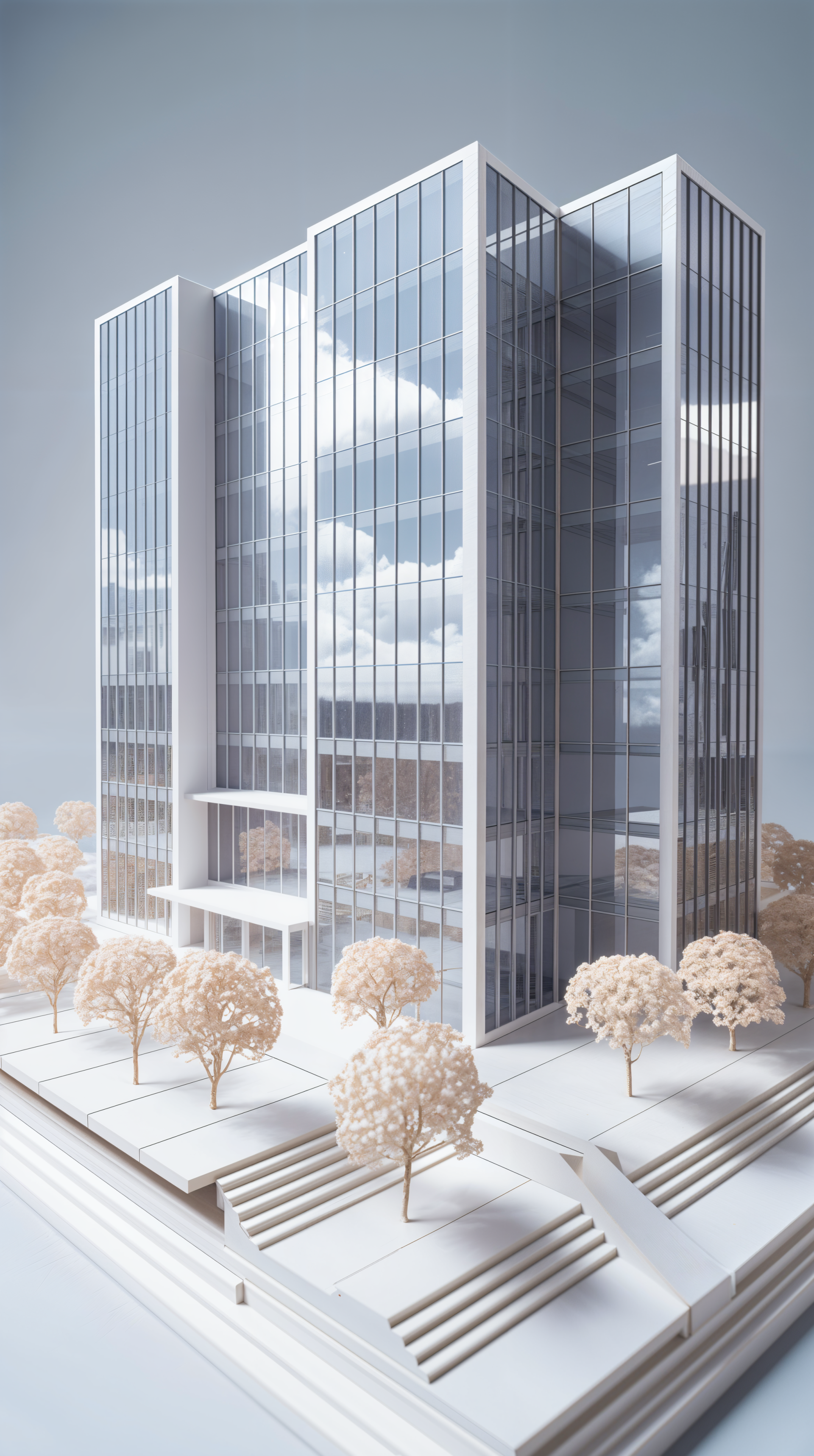 Phone wallpaper showing a sleek modern glass office building with reflections of clouds, framed by stylized trees and steps, designed for iPhone and Android business themes.