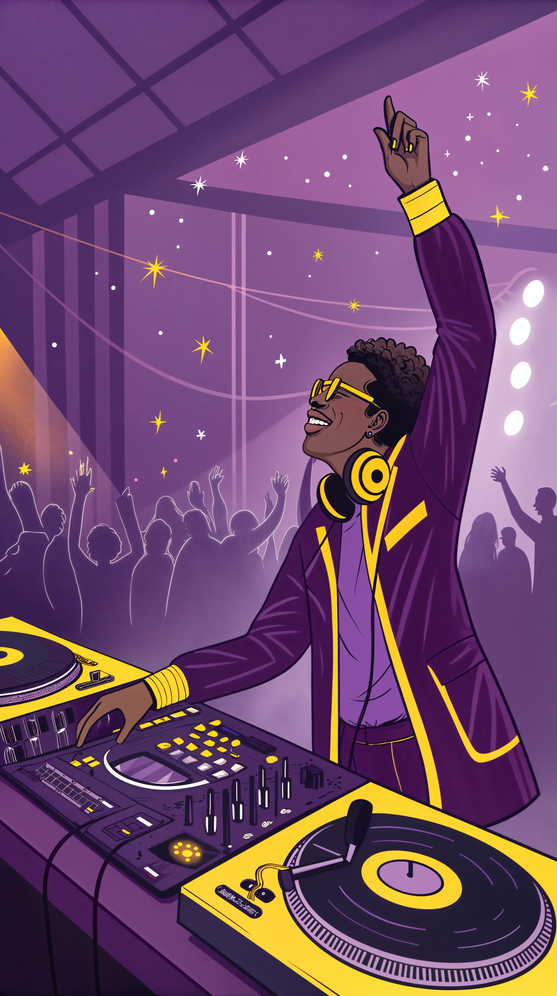 Vibrant DJ artwork with purple and yellow tones, showing a joyful DJ with headphones at a turntable, energizing a lively crowd. Designed as a dynamic phone wallpaper for iPhones and Androids.