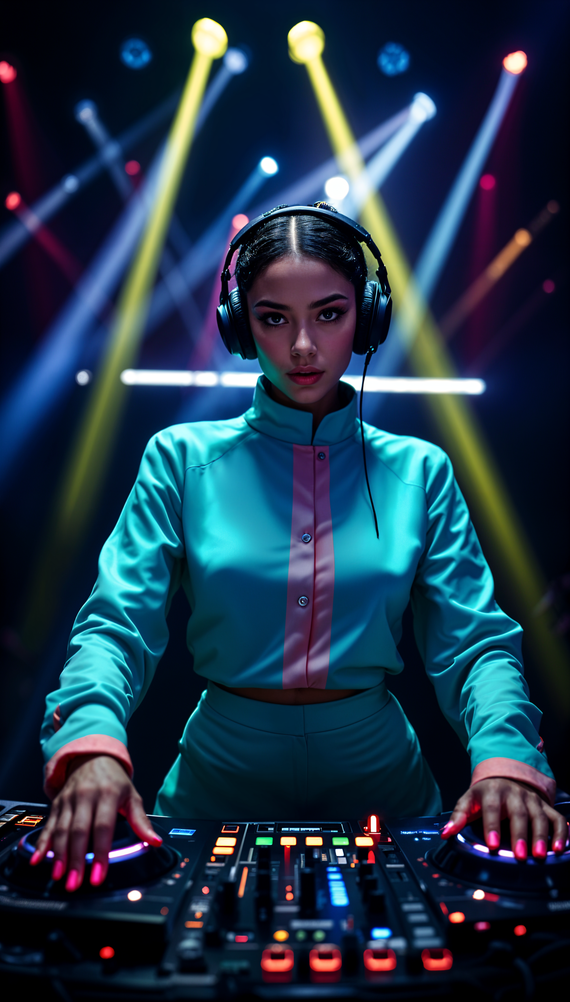 Phone wallpaper of a focused female DJ wearing headphones, mixing music on a DJ controller under colorful stage lights, optimized for iPhone and Android screens.