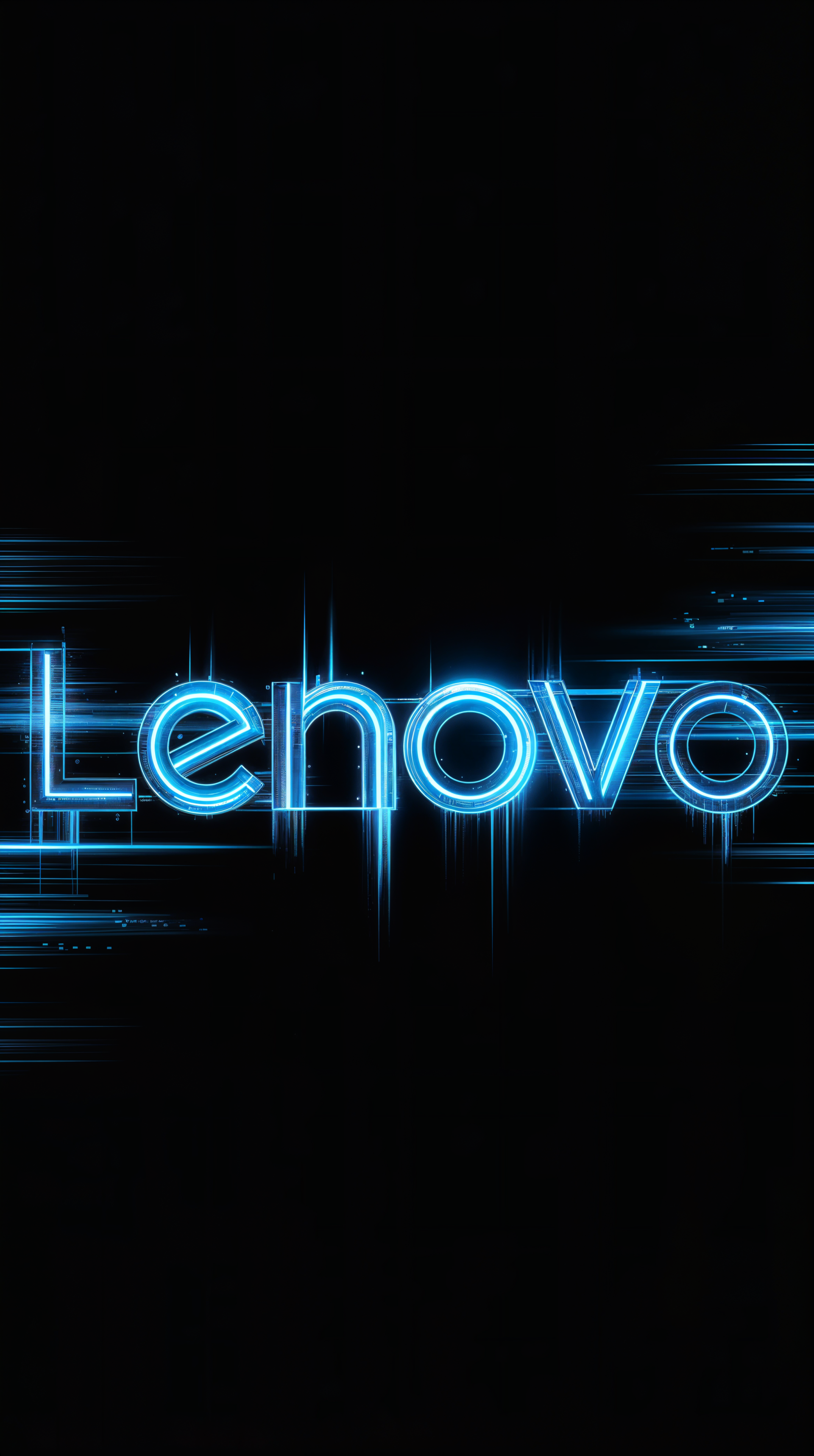 Lenovo logo in glowing blue neon on a black background, designed as a phone wallpaper compatible with iPhones and Android devices.