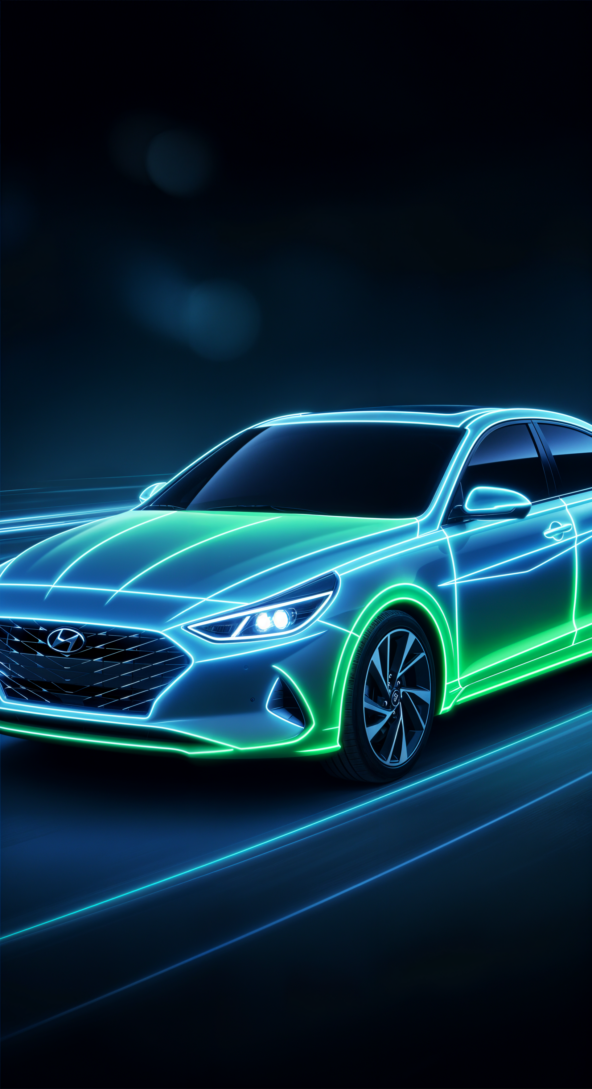 Neon-outlined Hyundai car in shades of blue and green on a dark background, designed as a phone wallpaper compatible with iPhone and Android devices.