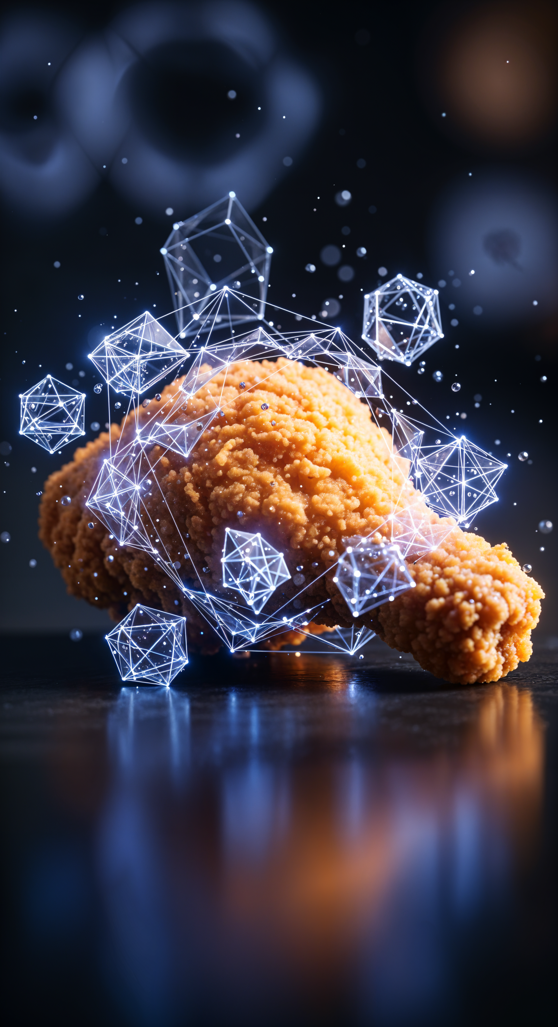 Phone wallpaper showing a crispy fried chicken drumstick with glowing geometric shapes floating around it, designed for iPhones and Android phones.