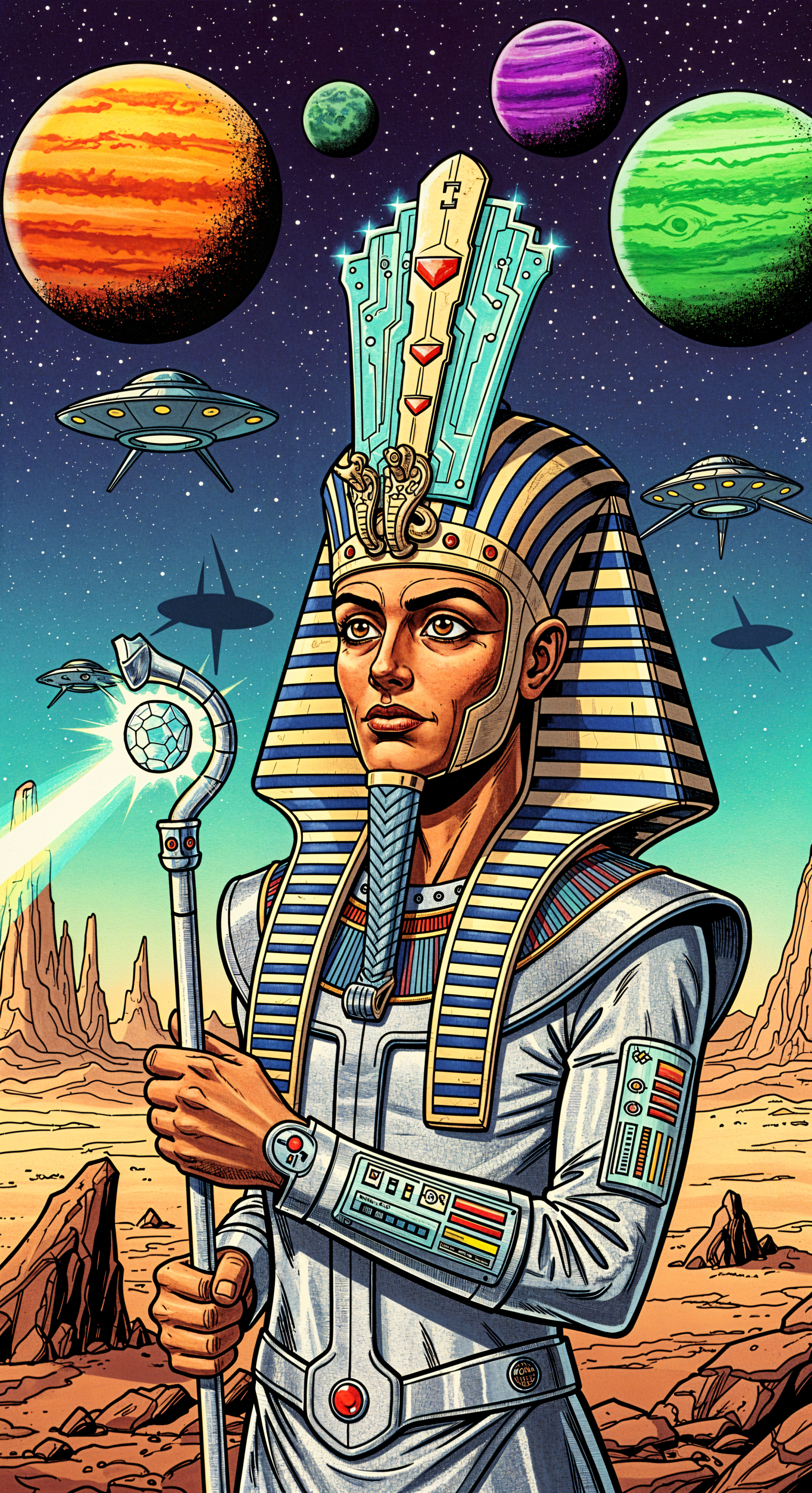 Phone wallpaper featuring a futuristic Pharaoh in a space suit, holding a staff, set against an alien landscape with flying saucers and colorful planets, compatible with iPhones and Androids.