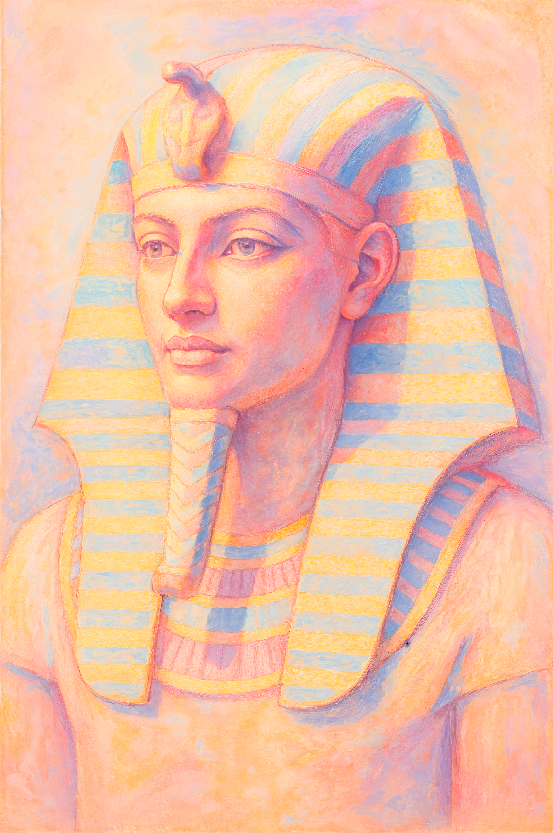 Phone wallpaper featuring a soft pastel illustration of an ancient Egyptian pharaoh wearing a striped nemes headdress, designed for iPhone and Android displays.