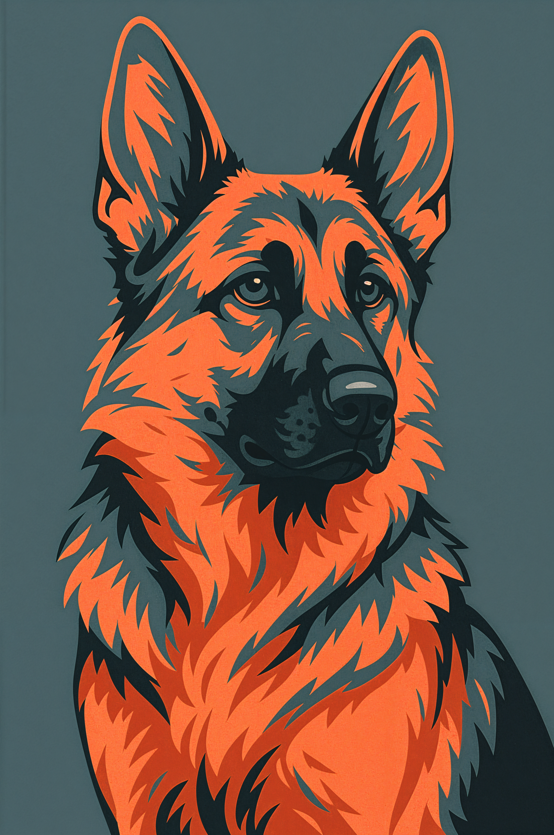 Stylized phone wallpaper of a German Shepherd dog in bold orange and dark gray tones, designed for display on both iPhone and Android devices.