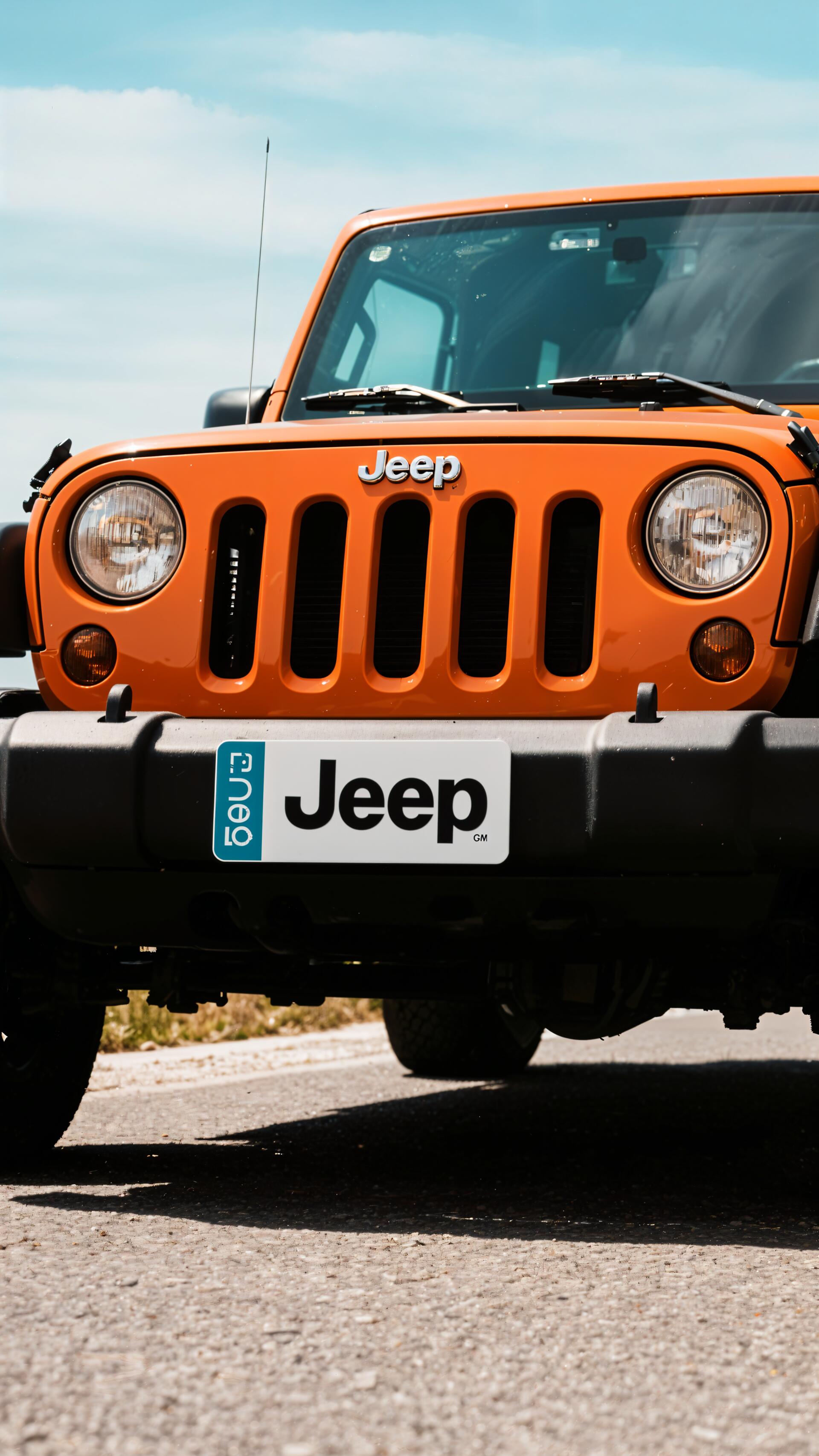 Orange Jeep front view against a clear sky, designed as a phone wallpaper for iPhone and Android devices.