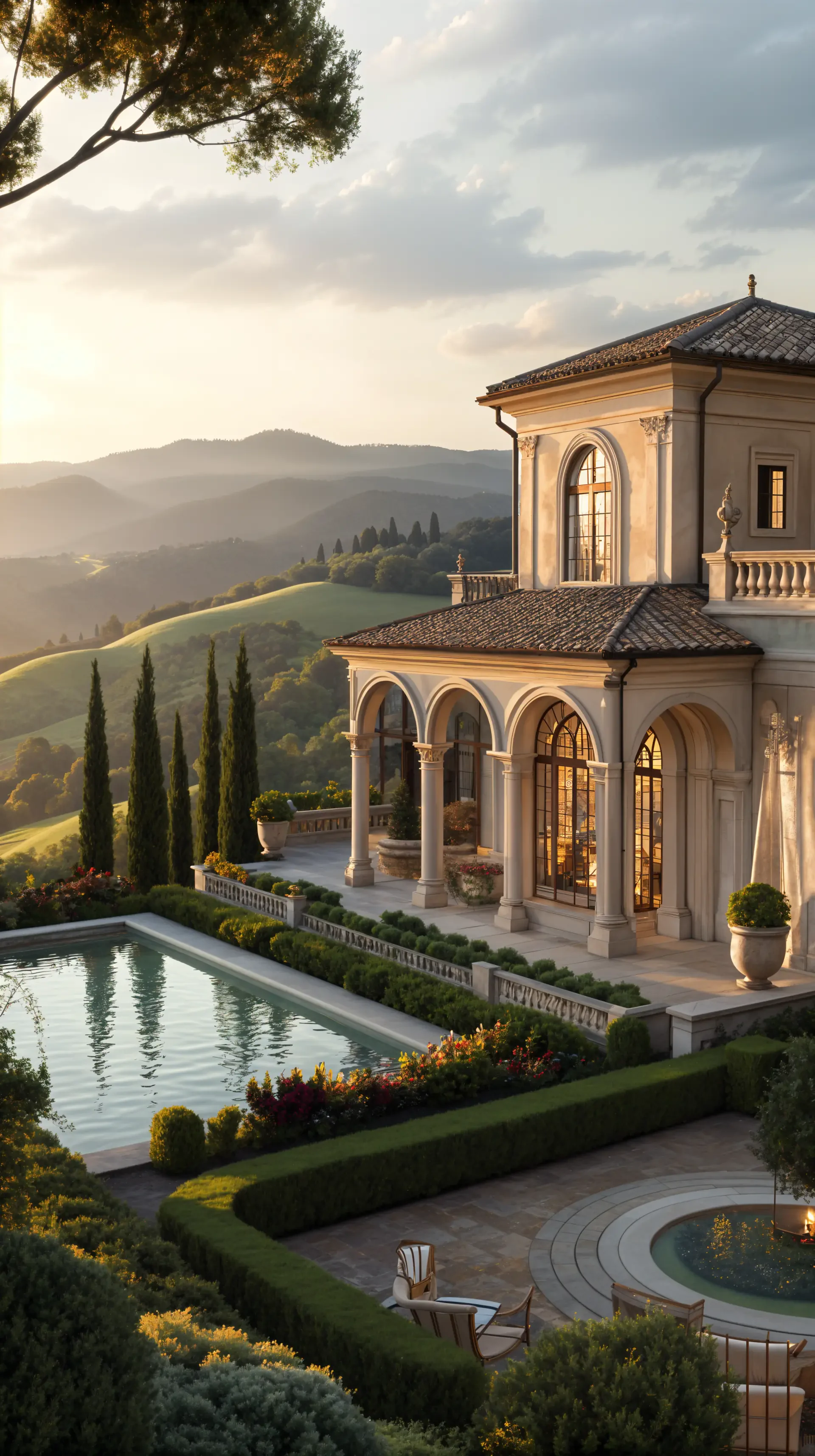 Elegant villa overlooking rolling hills at sunset, with a reflective pool and manicured gardens, designed as a serene phone wallpaper for iPhones and Android devices.