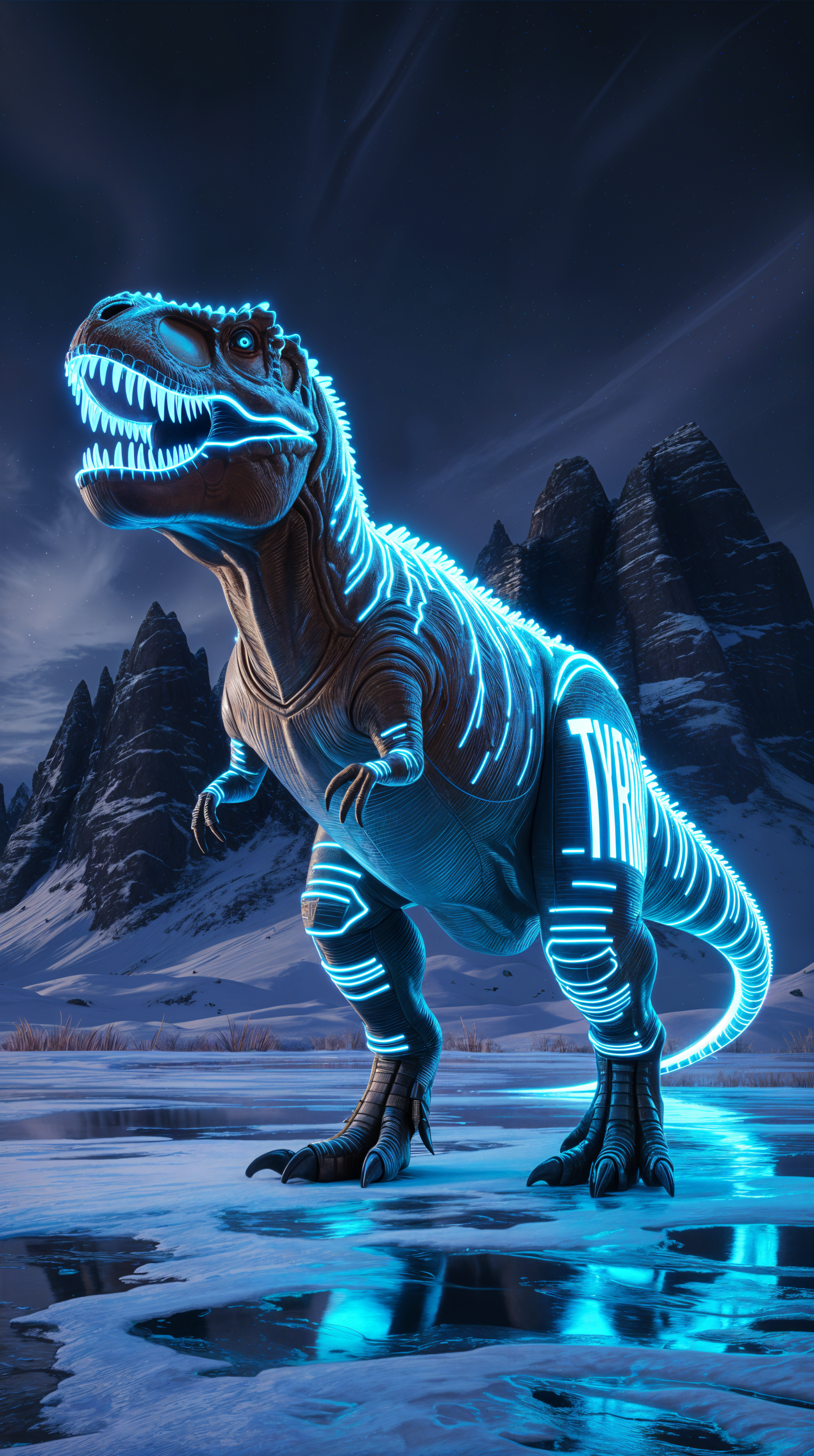 Phone wallpaper featuring a digitally rendered Tyrannosaurus Rex with glowing blue neon lines against a dark, icy mountainous background for iPhone and Android screens.