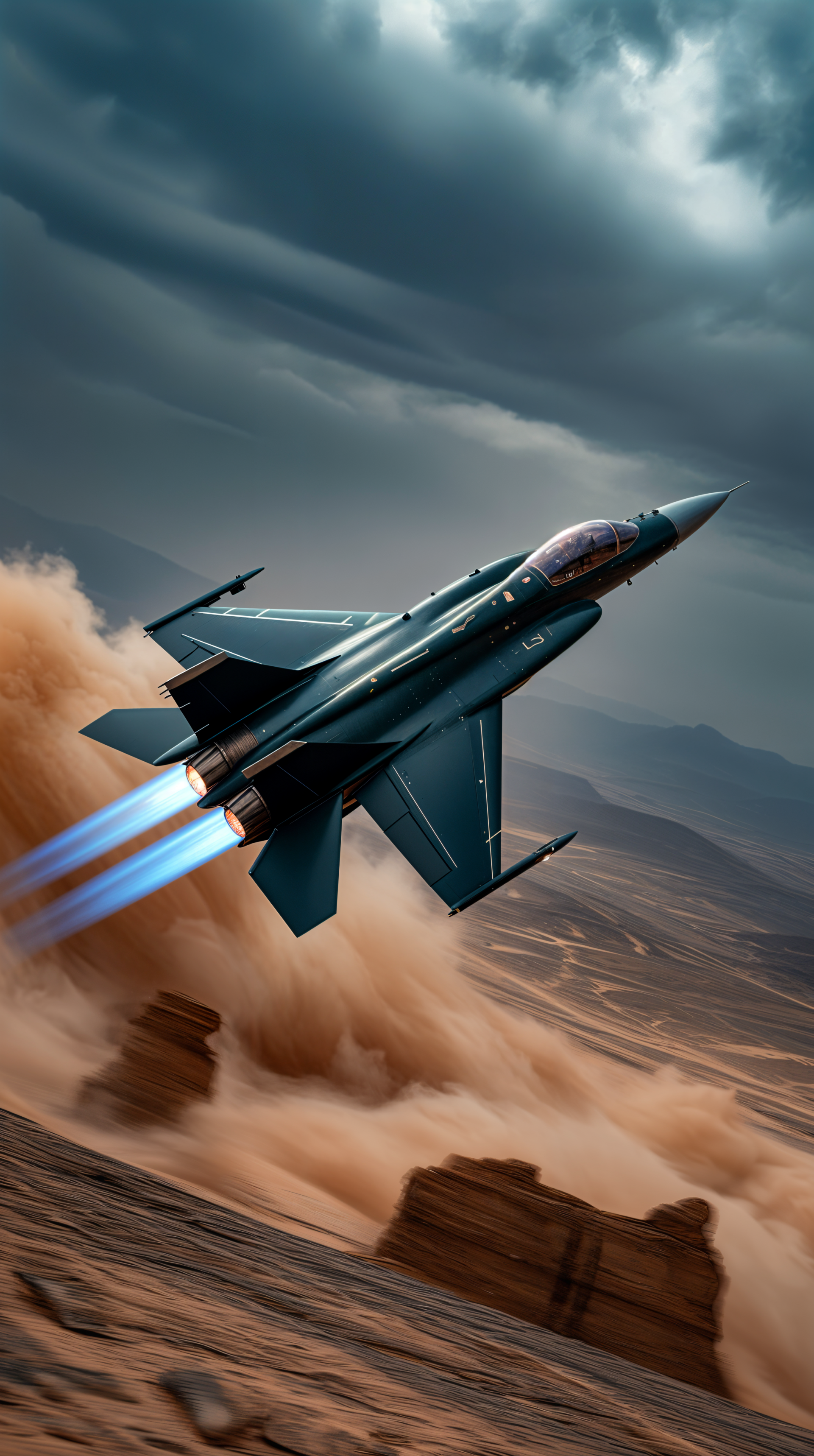Jet fighter soaring above a desert landscape with afterburners blazing, captured in a dynamic phone wallpaper for iPhones and Android devices.