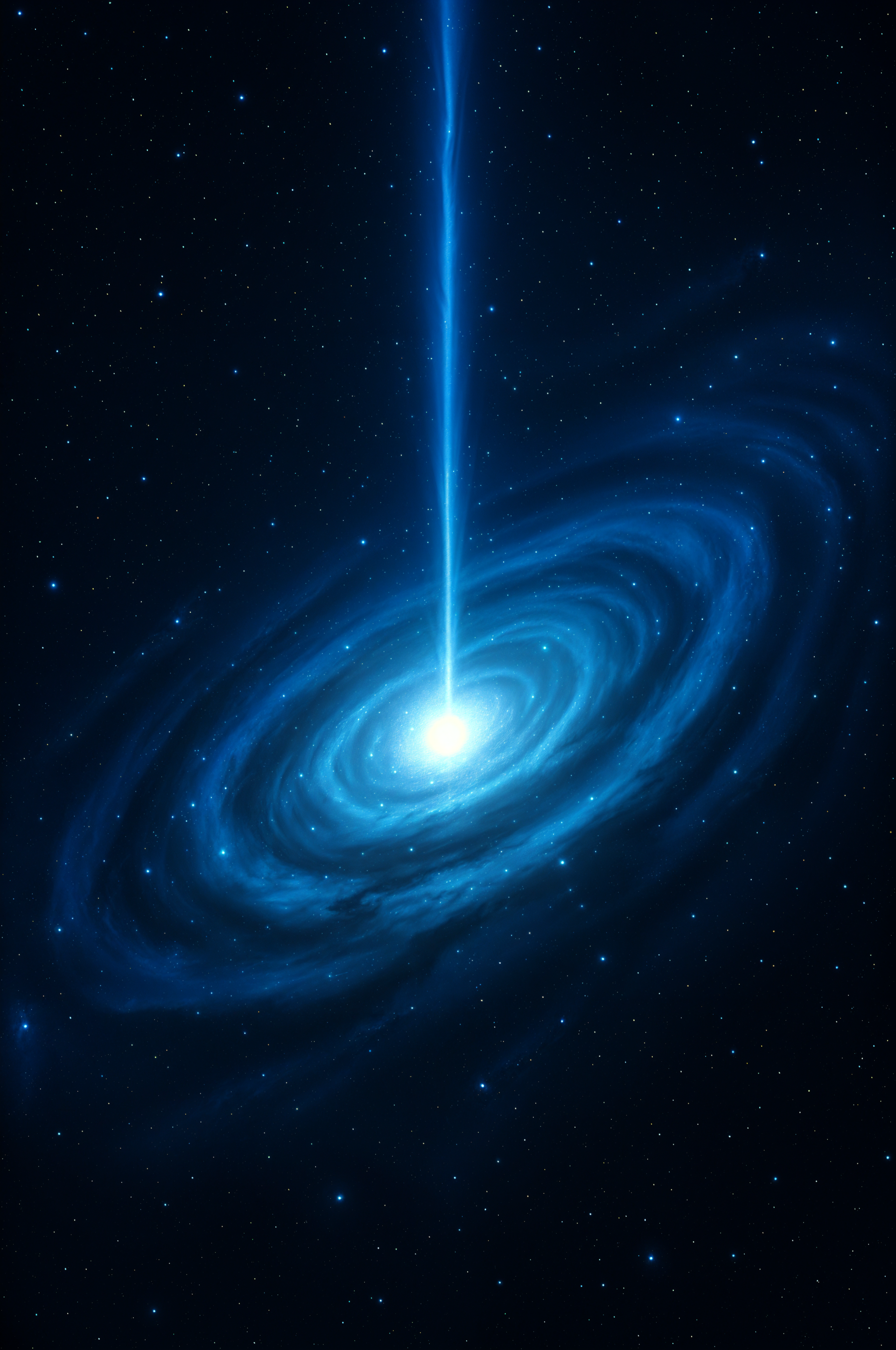 Phone wallpaper featuring a glowing blue quasar with a bright beam of light extending upward, set against a starry night sky background, compatible with iPhones and Android devices.