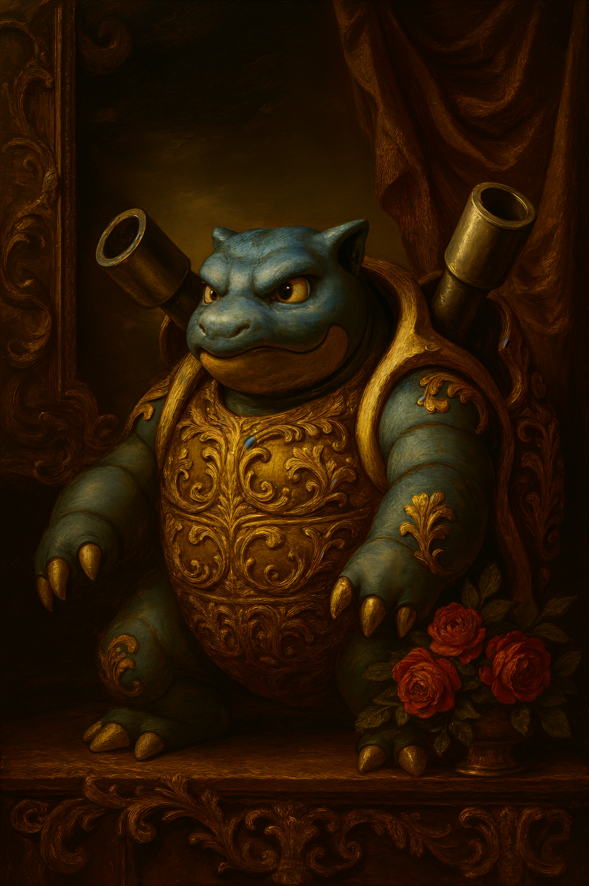 Phone wallpaper of Blastoise styled as a Renaissance statue with ornate armor and floral details, designed for both iPhone and Android screens.