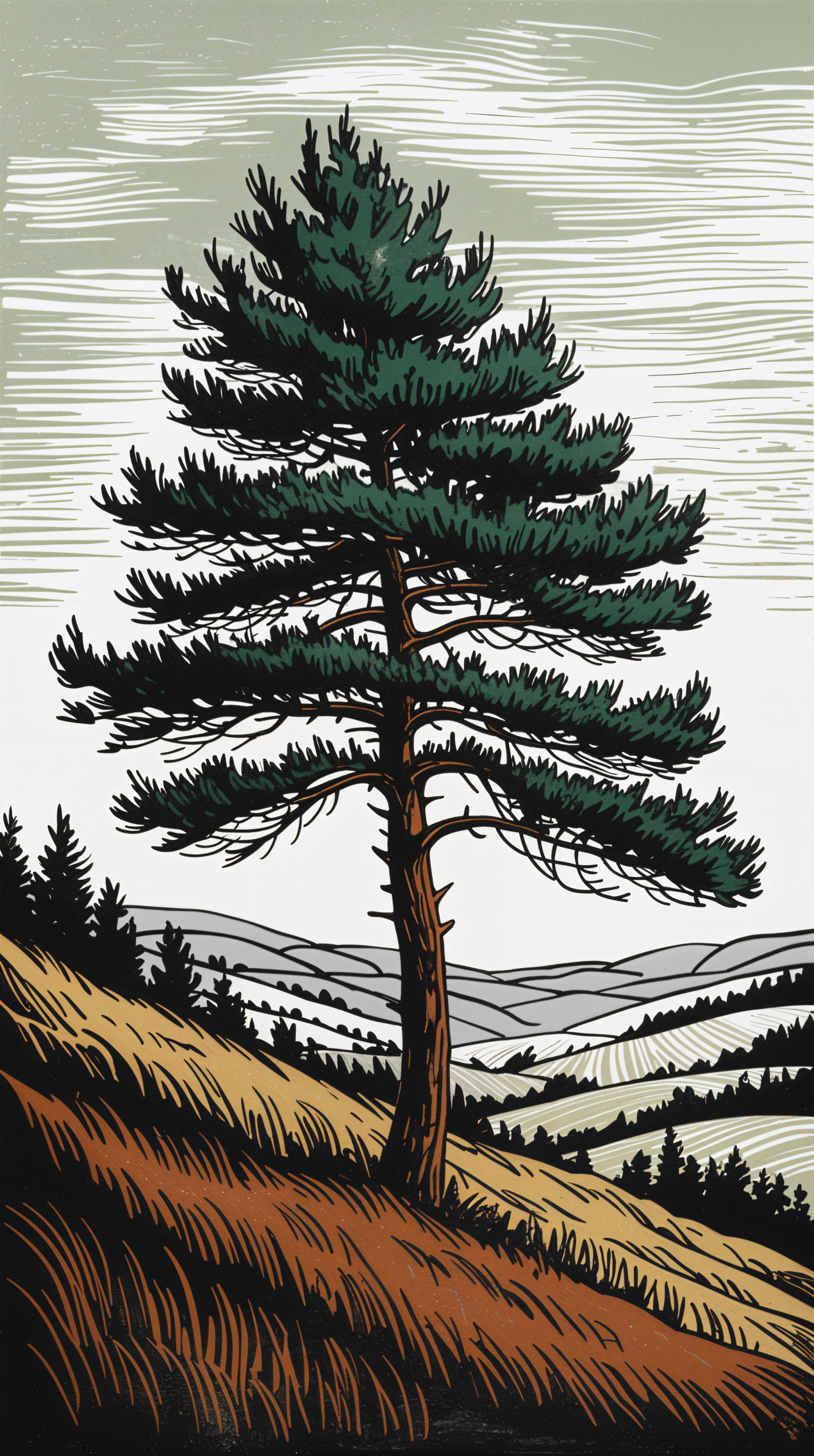 Illustrated landscape of a lone pine tree on a hillside with rolling hills and forest in the background, designed as a phone wallpaper for iPhone and Android devices.