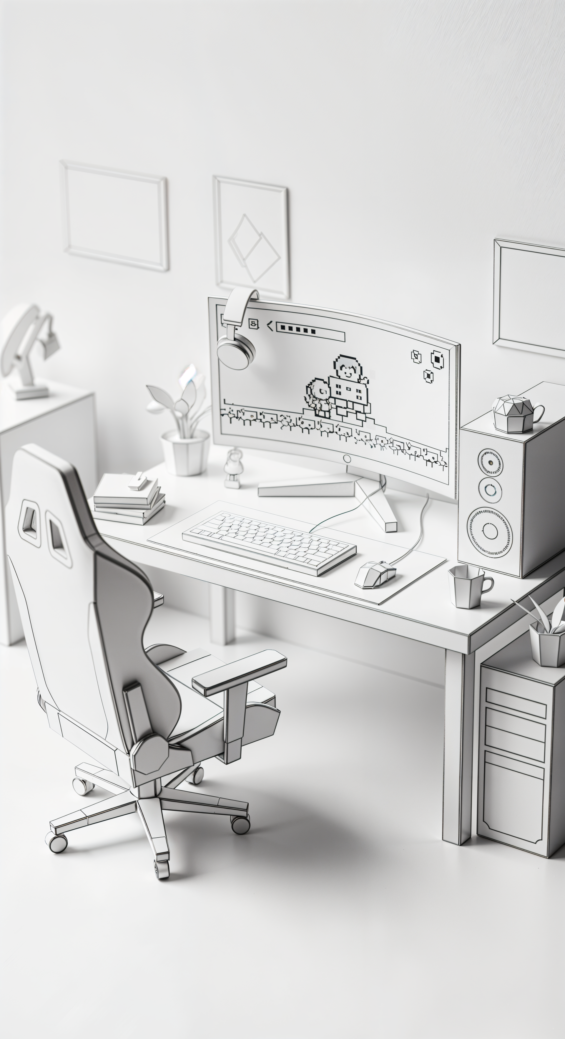 Monochrome aesthetic gaming setup featuring a sleek desk, ergonomic chair, and pixel art game on the monitor, designed as a stylish phone wallpaper for iPhone and Android.