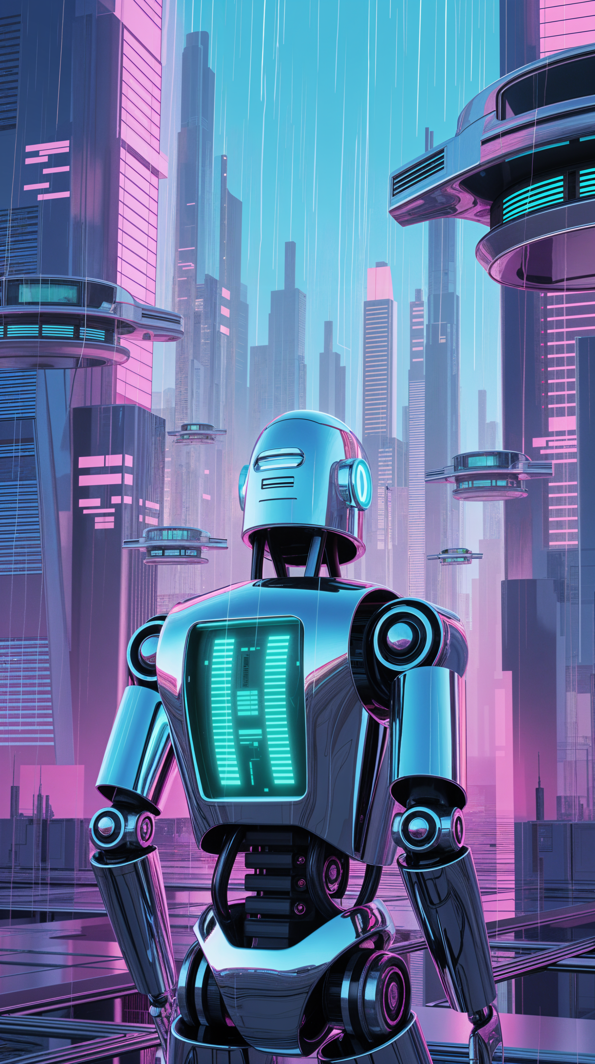 Futuristic robot overlooking a neon-lit cityscape with flying vehicles, designed as a vibrant phone wallpaper for iPhones and Android devices.
